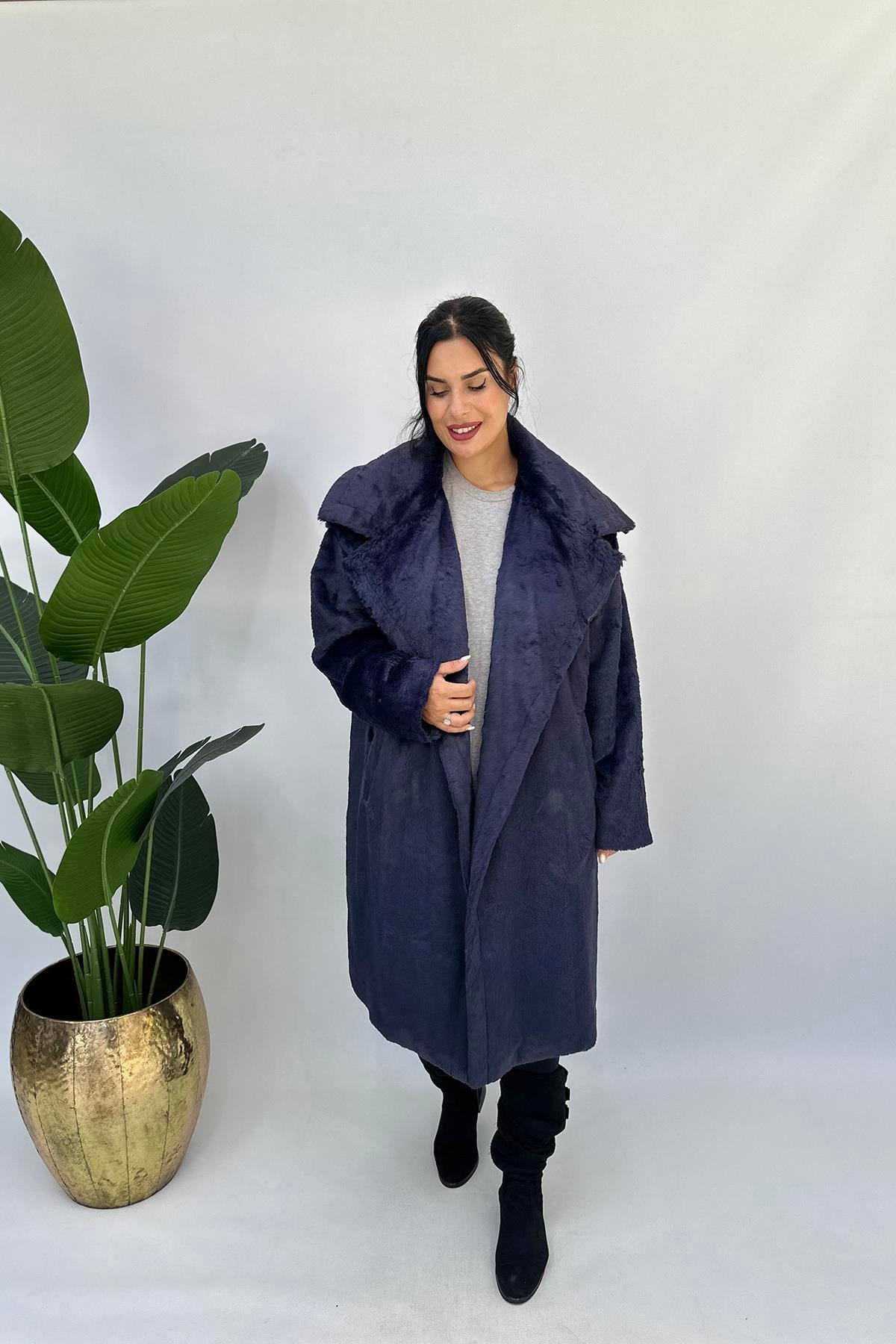 Büyük Beden -20 Peluş Kürk Kaban - Lacivert