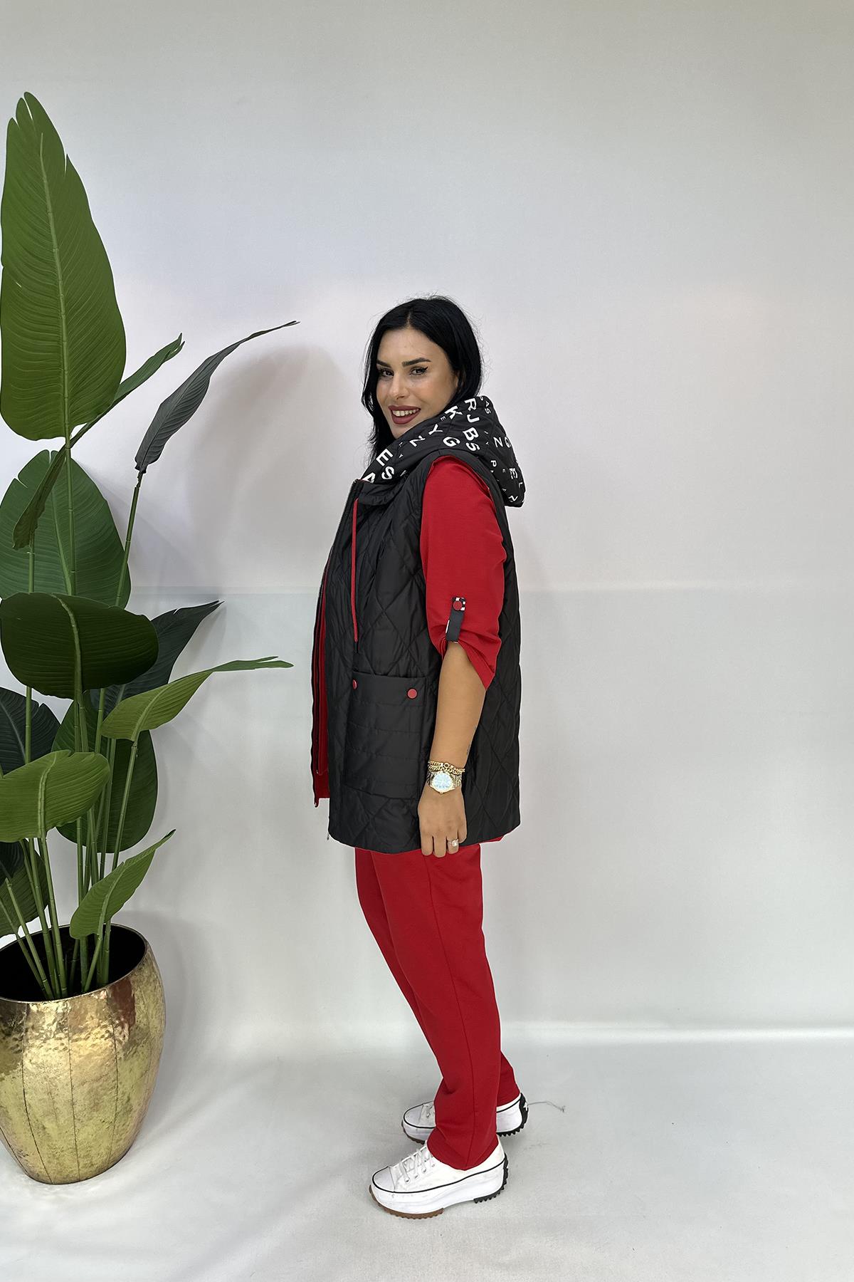 Büyük Beden 3lü Yelekli Takım - Kırmızı