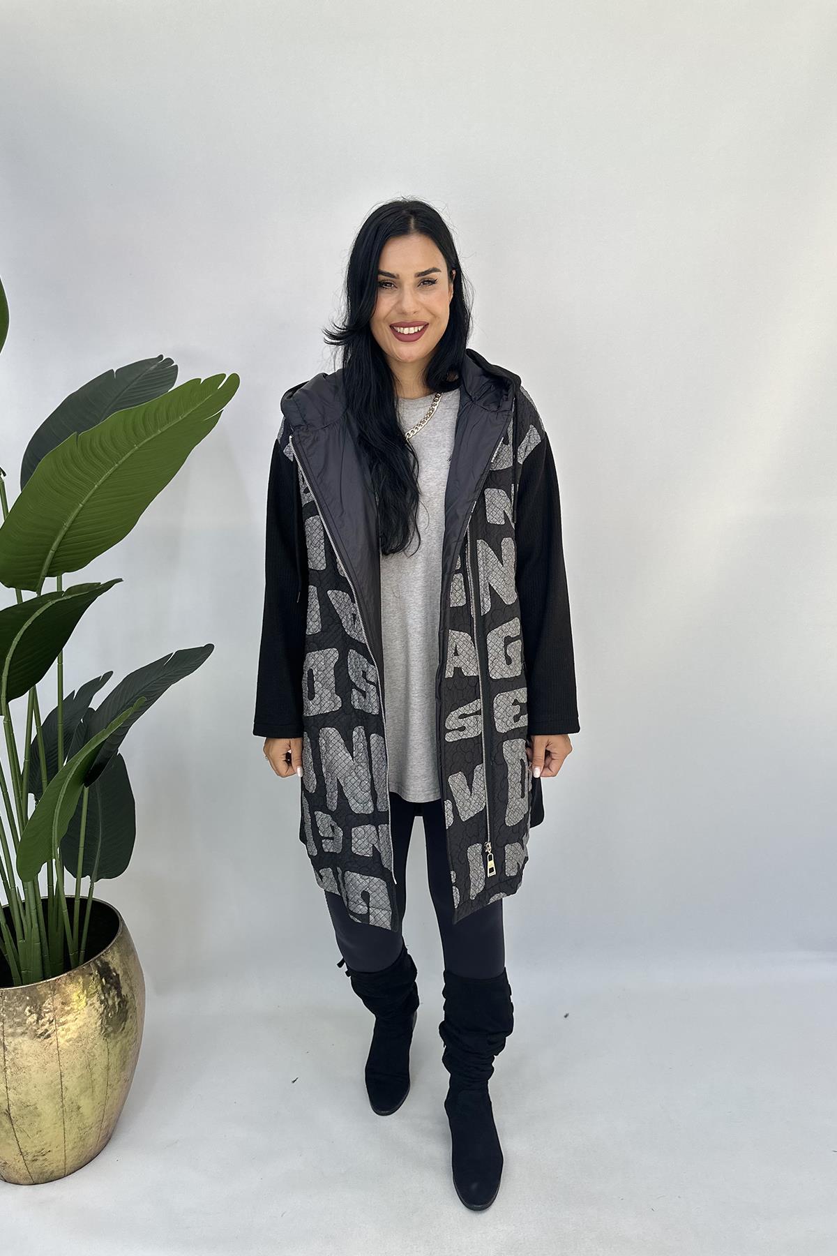 Büyük Beden Harf Baskılı Mont - Siyah
