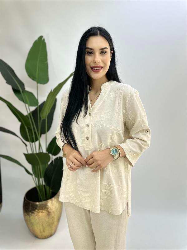 Büyük Beden naturel keten bluz