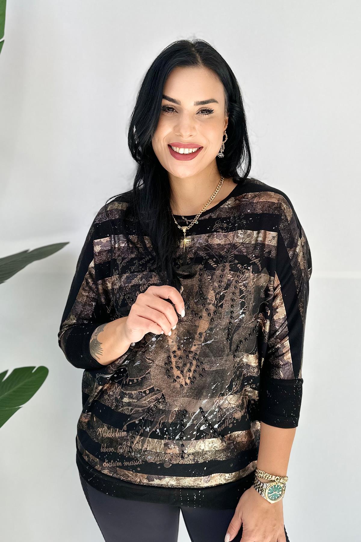 Çizgili Büyük Beden Body - Siyah