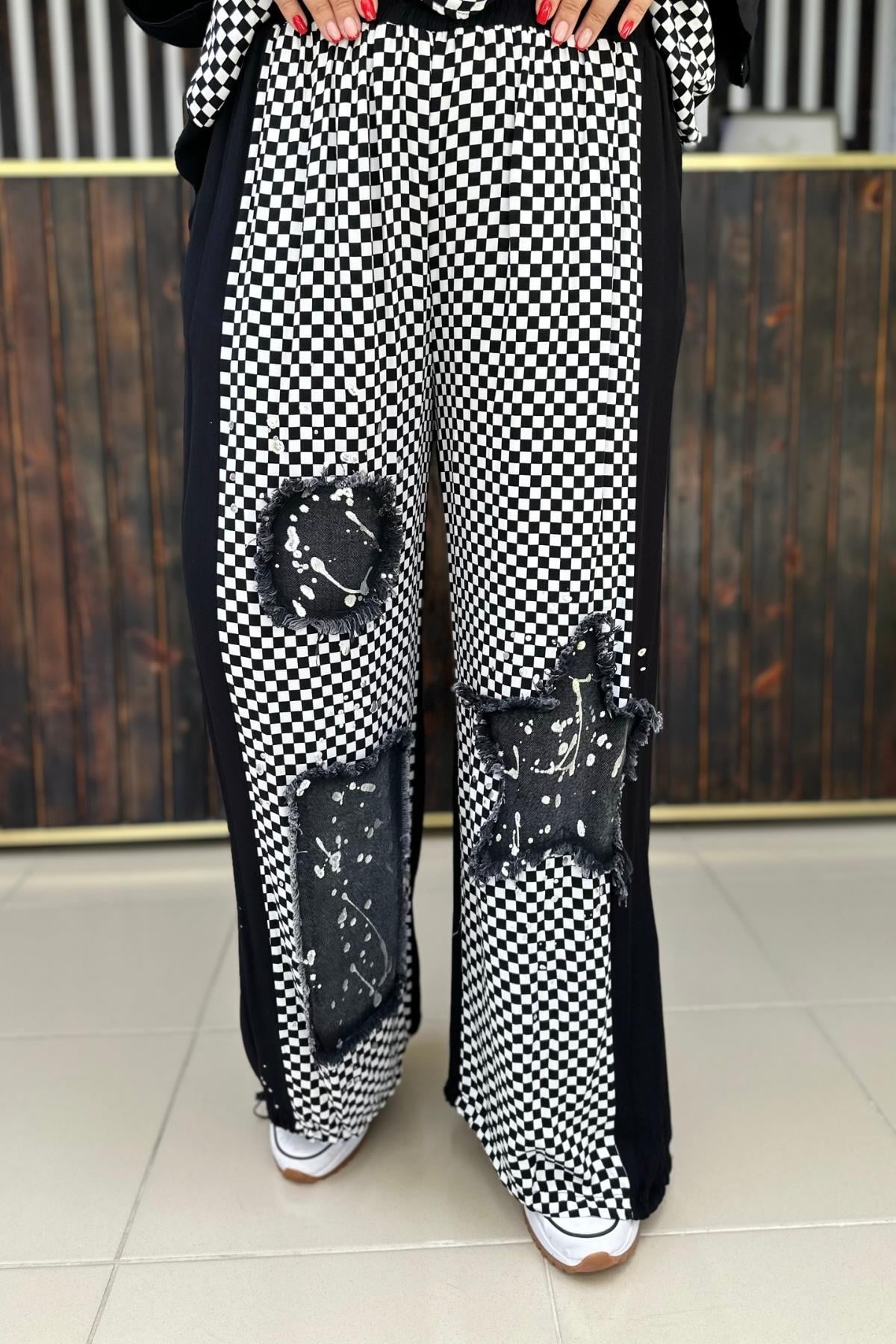 DAMALI VARAK BASKILI PANTALON BÜYÜK BEDEN