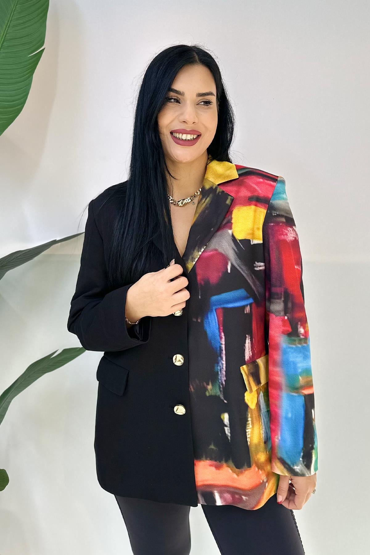 Dijital Baskılı Renkli Büyük Beden Blazer Ceket - Siyah