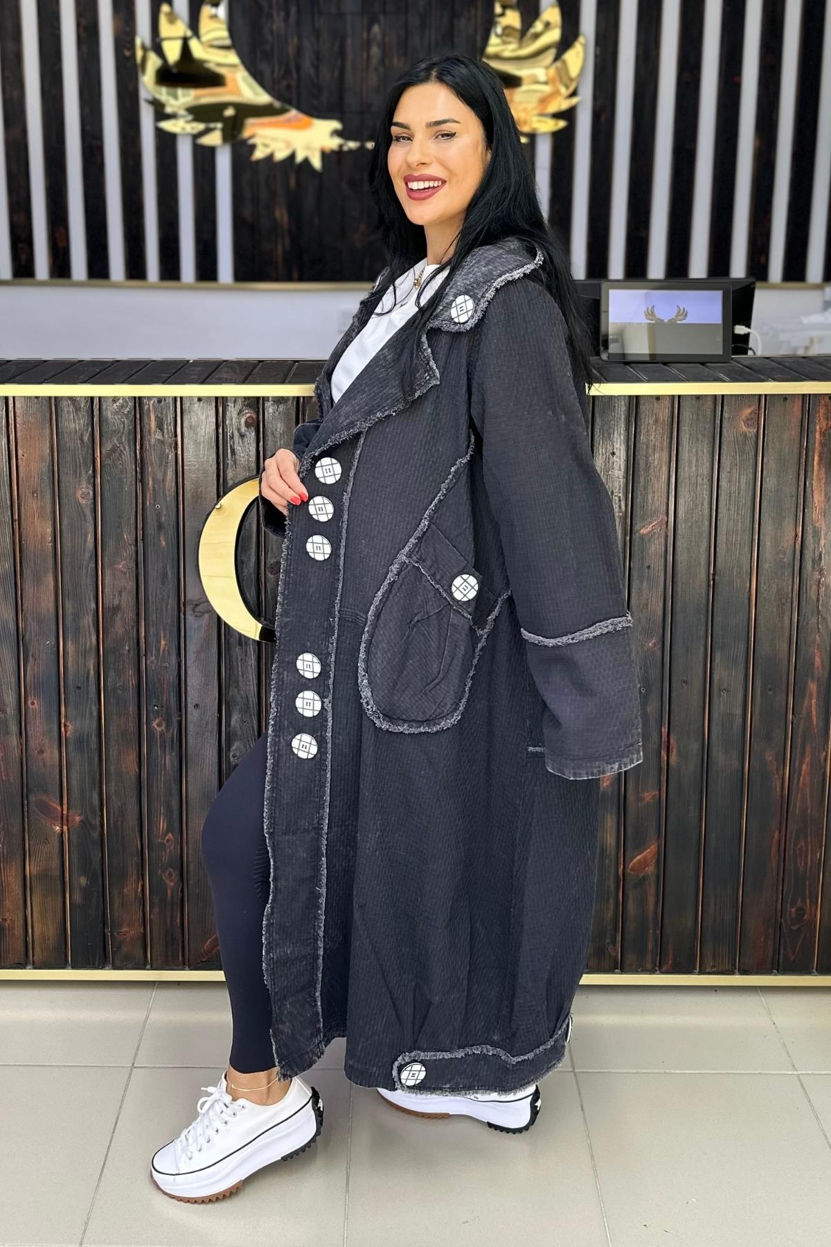DÜĞMELİ İNCE JEAN TRENCH  BÜYÜK BEDEN