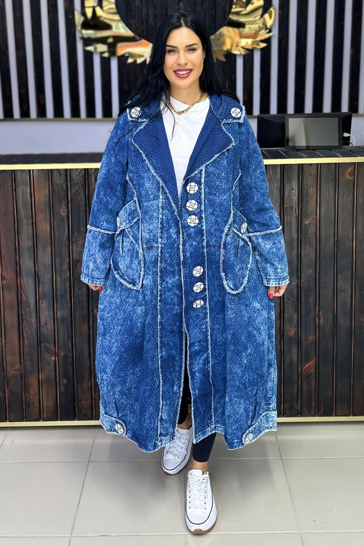 DÜĞMELİ İNCE JEAN TRENCH MAVİ BÜYÜK BEDEN