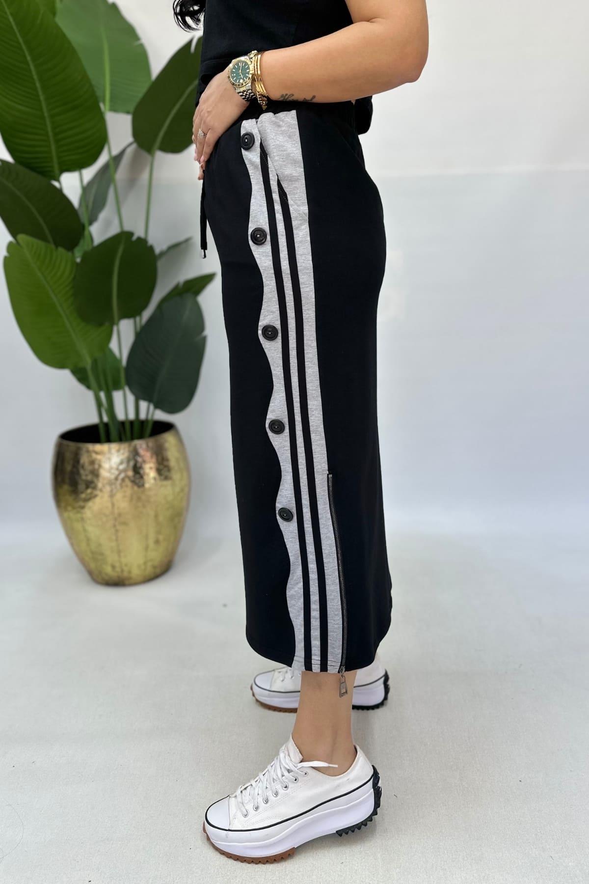 DÜĞMELİ PAMUKLU ETEK -SİYAH