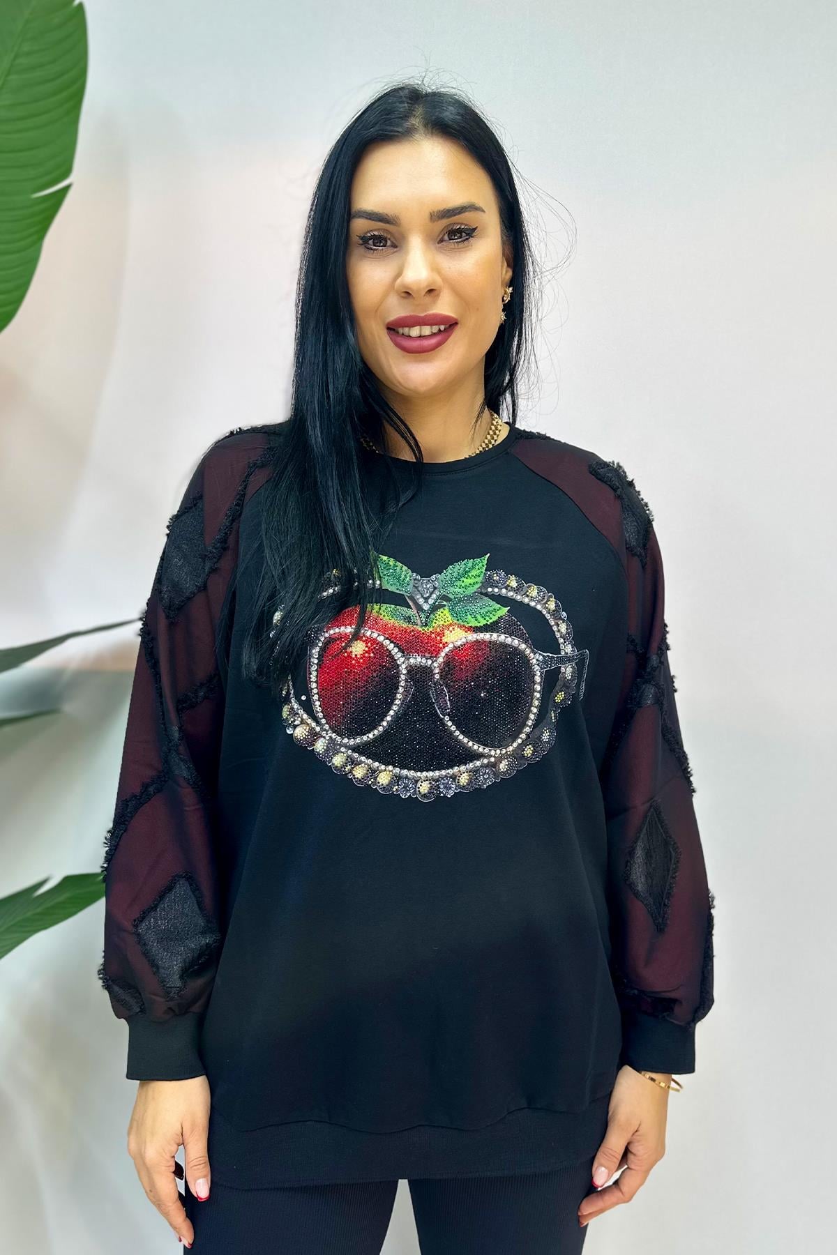 Elma Baskılı Büyük Beden Sweatshirt - Siyah