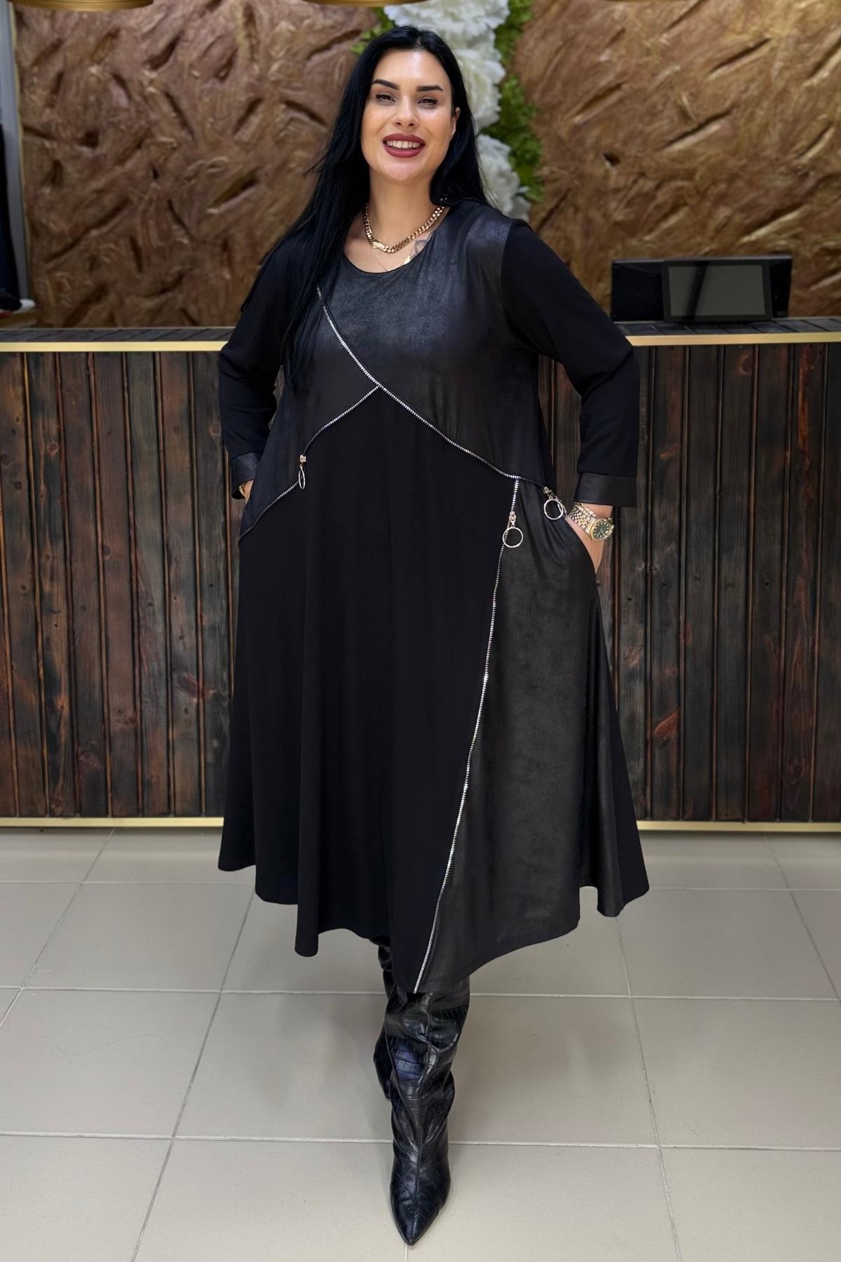 FERMUAR DETAYLI TASARIM BÜYÜK BEDEN ELBİSE