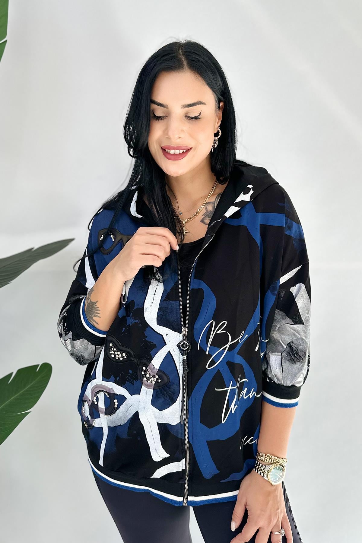 Fermuarlı Taşlı Baskılı Büyük Beden Sweatshirt - Mavi
