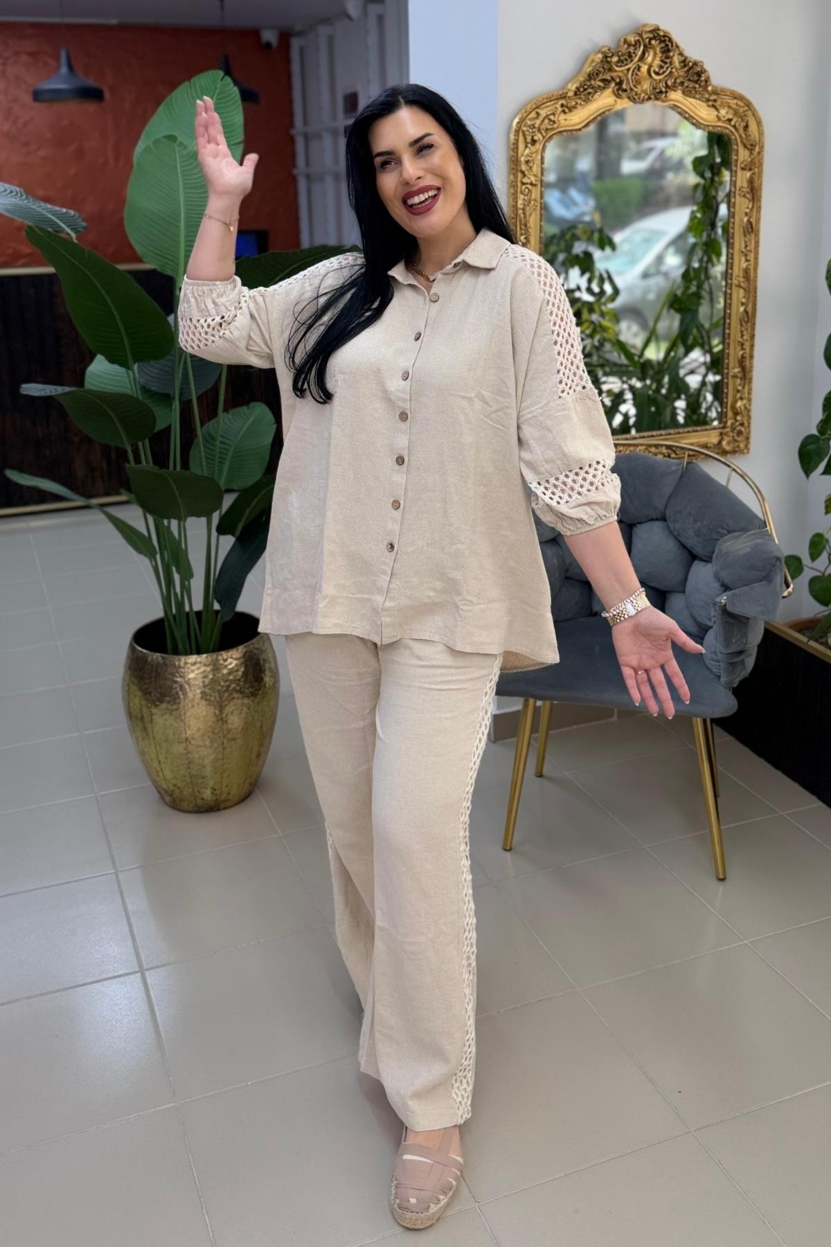 FİLE DETAYLI DÜĞMELİ KETEN BÜYÜK BEDEN TAKIM