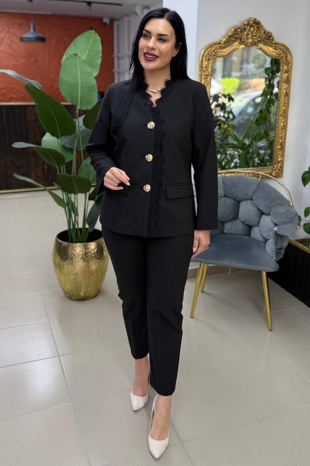 GOLD DÜĞMELİ DANTEL BLAZER BÜYÜK BEDEN TAKIM