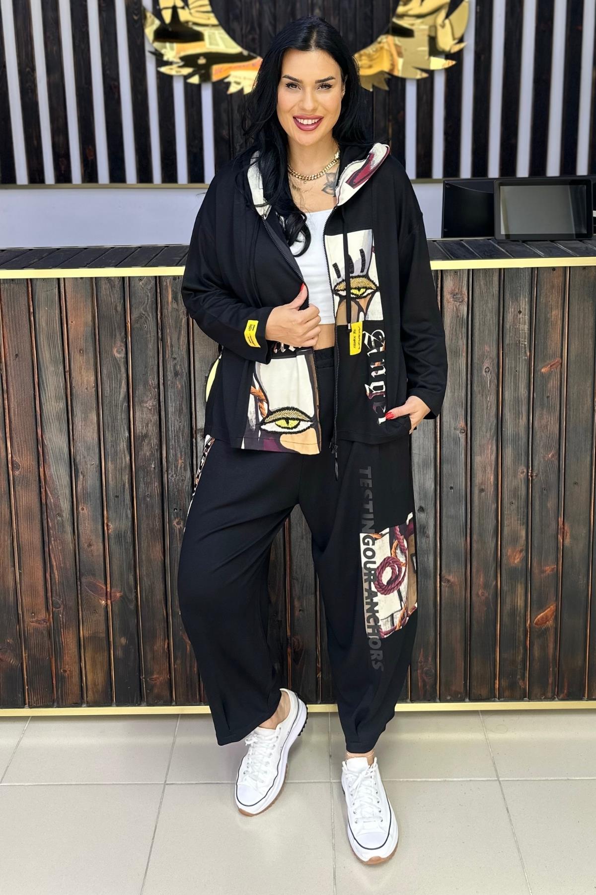 GÖZ DETAYLI BÜYÜK BEDEN TAKIM SİYAH