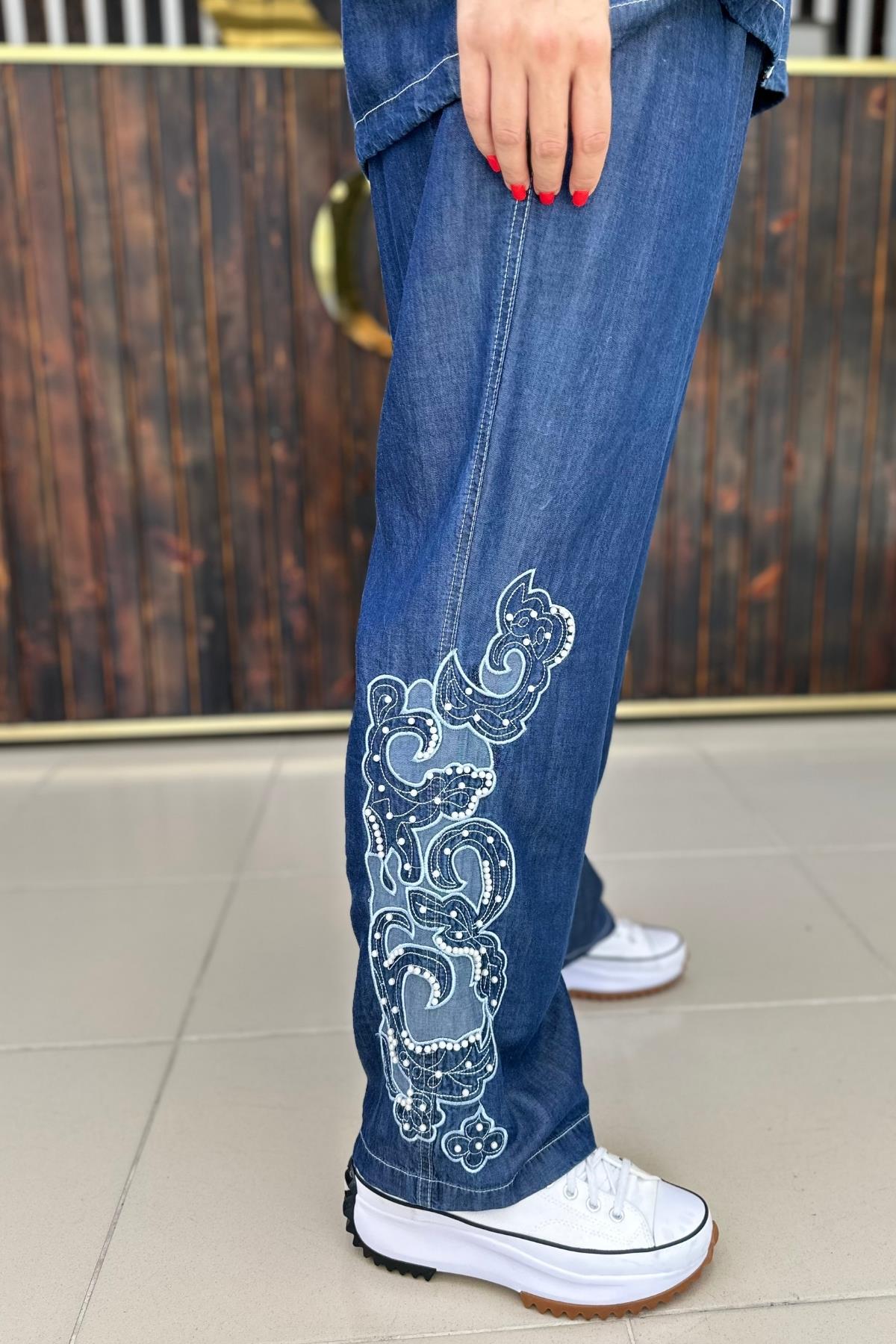İNCİ NAKIŞLI İNCE KOT PANTALON  BÜYÜK BEDEN