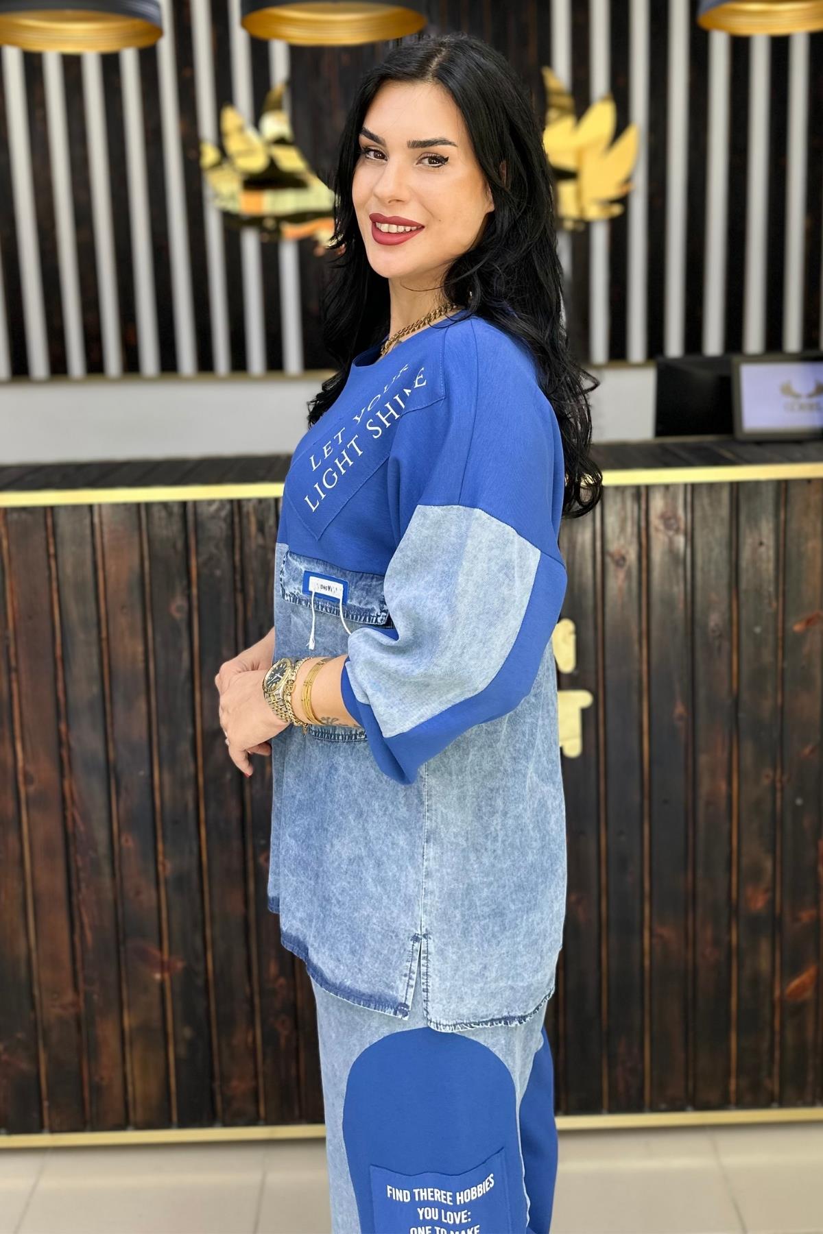 İNDİGO İNCE KOT TASARIMLI BLUZ BÜYÜK BEDEN