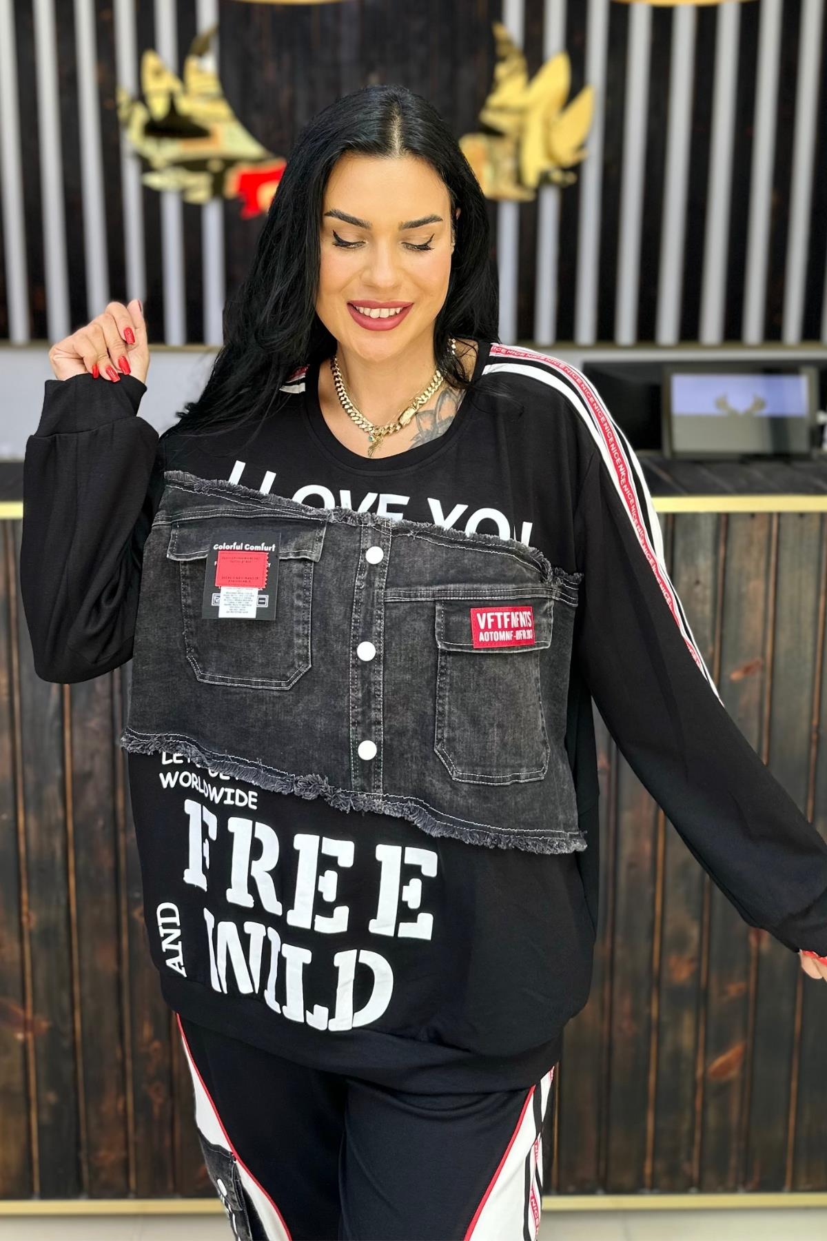 JEAN DETAYLI KIRMIZI ŞERİTLİ BLUZ BÜYÜK BEDEN