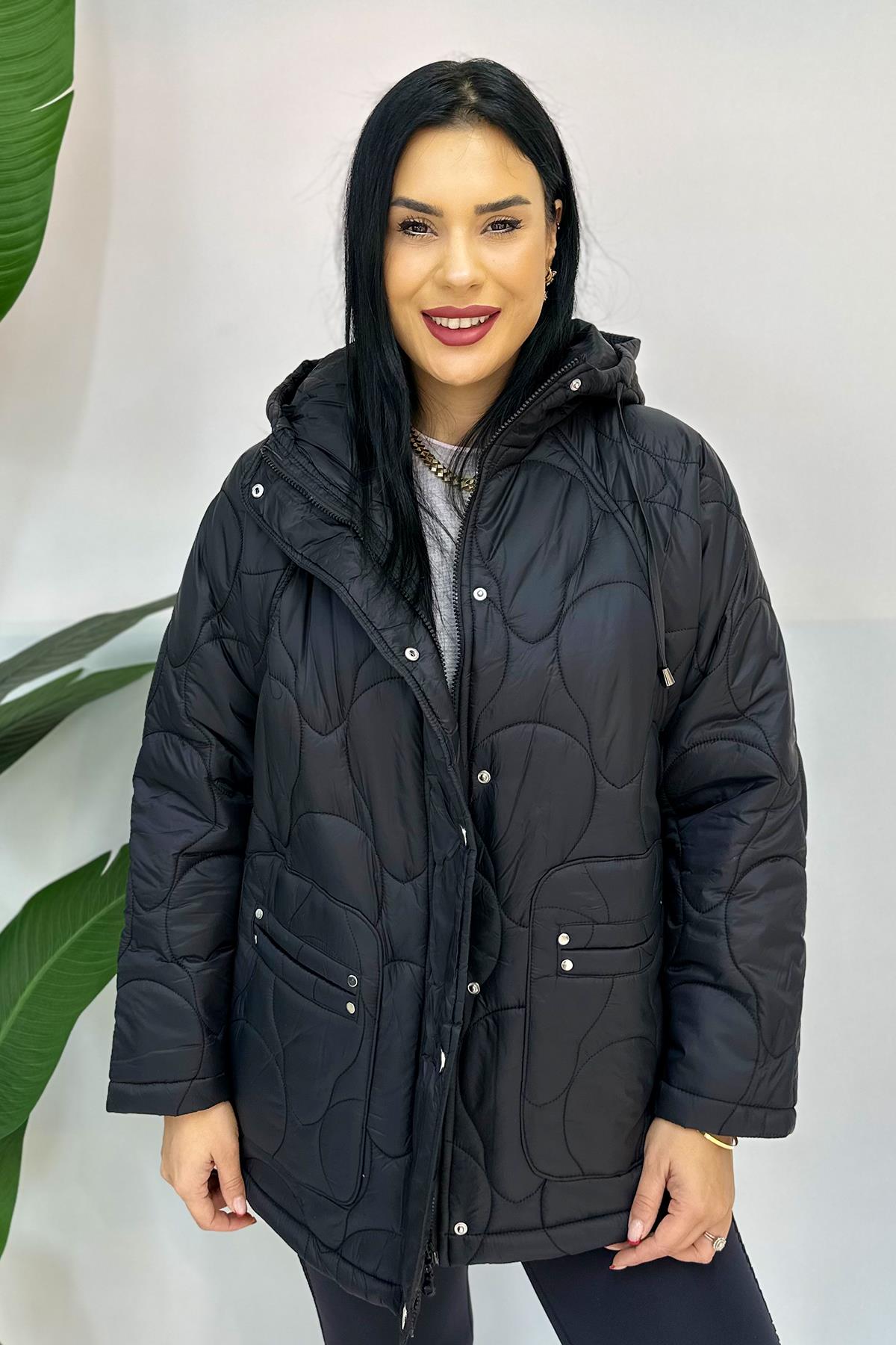 Jump Model Kapitone Büyük Beden Mont - Siyah