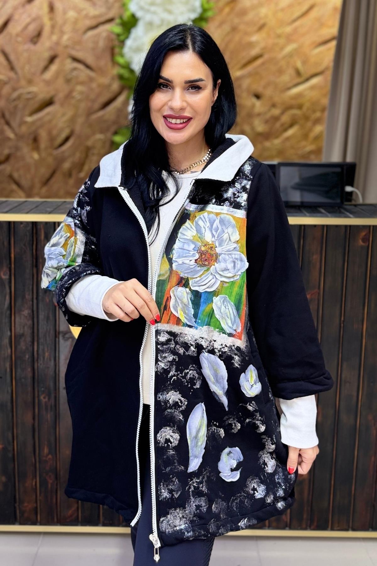 KABARTMA ÇİÇEKLİ EL BOYAMALI POLAR BÜYÜK BEDEN