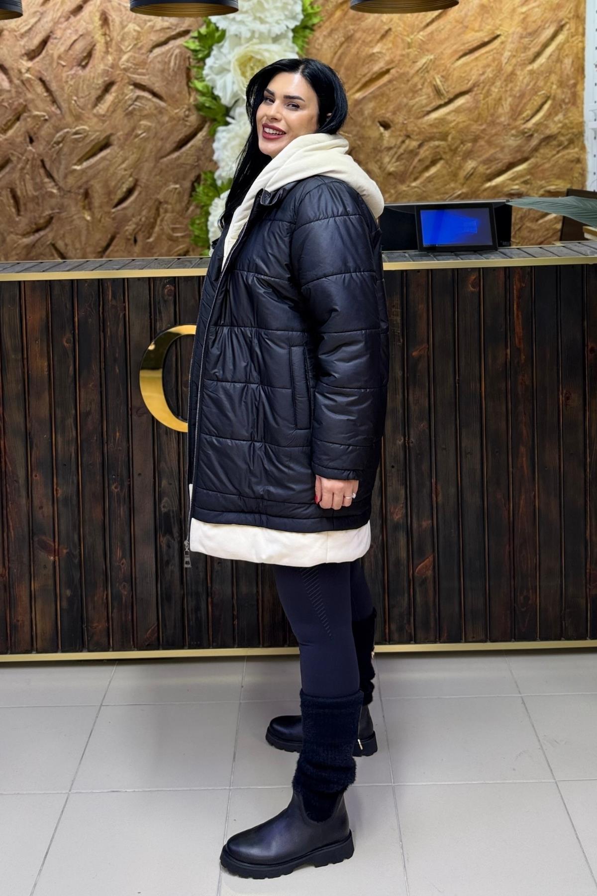 KADİFE KAPİŞON VE ETEK DETAYLI BÜYÜK BEDEN MONT