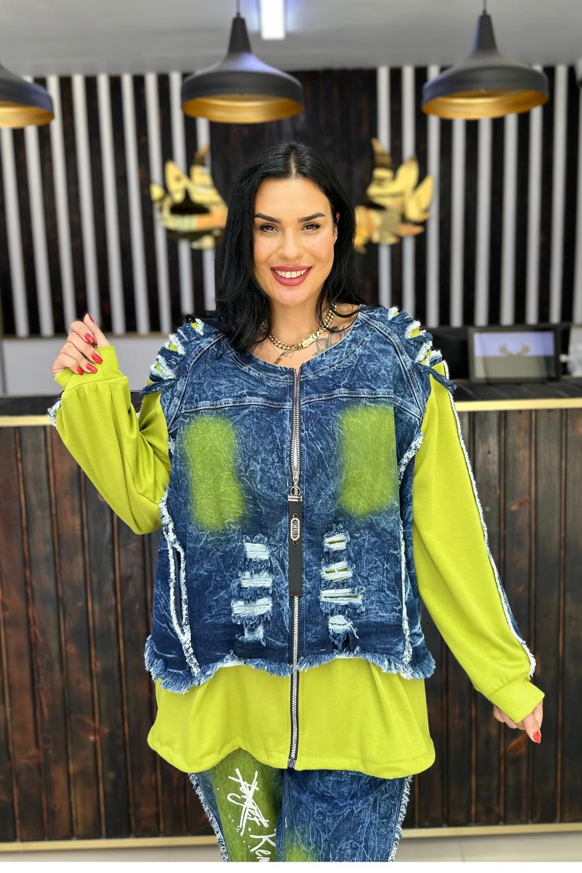 KAPŞONLU YIRTIK JEAN CEKET YEŞİL BÜYÜK BEDEN