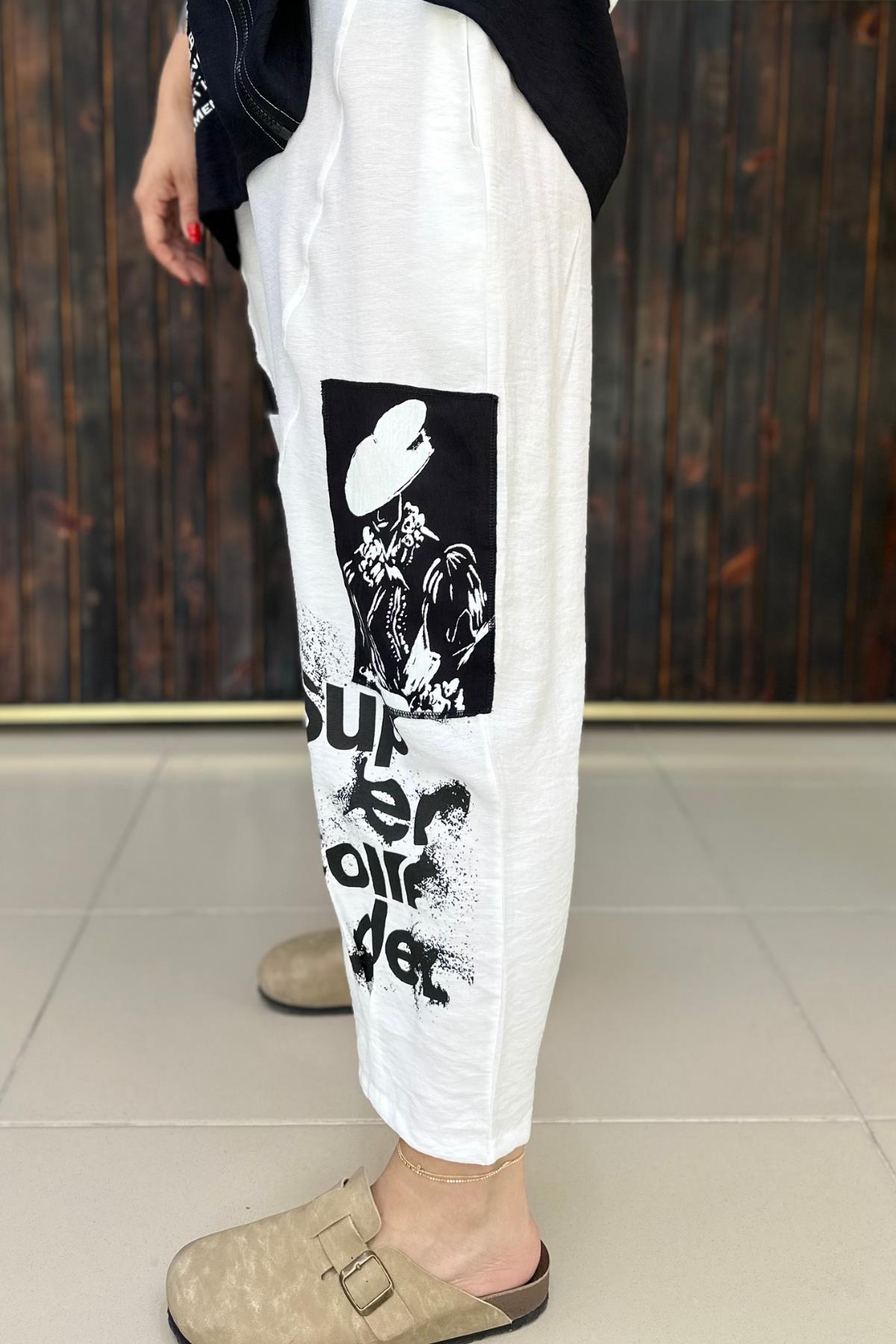 KEDİLİ KETEN YAZILI PANTALON BÜYÜK BEDEN