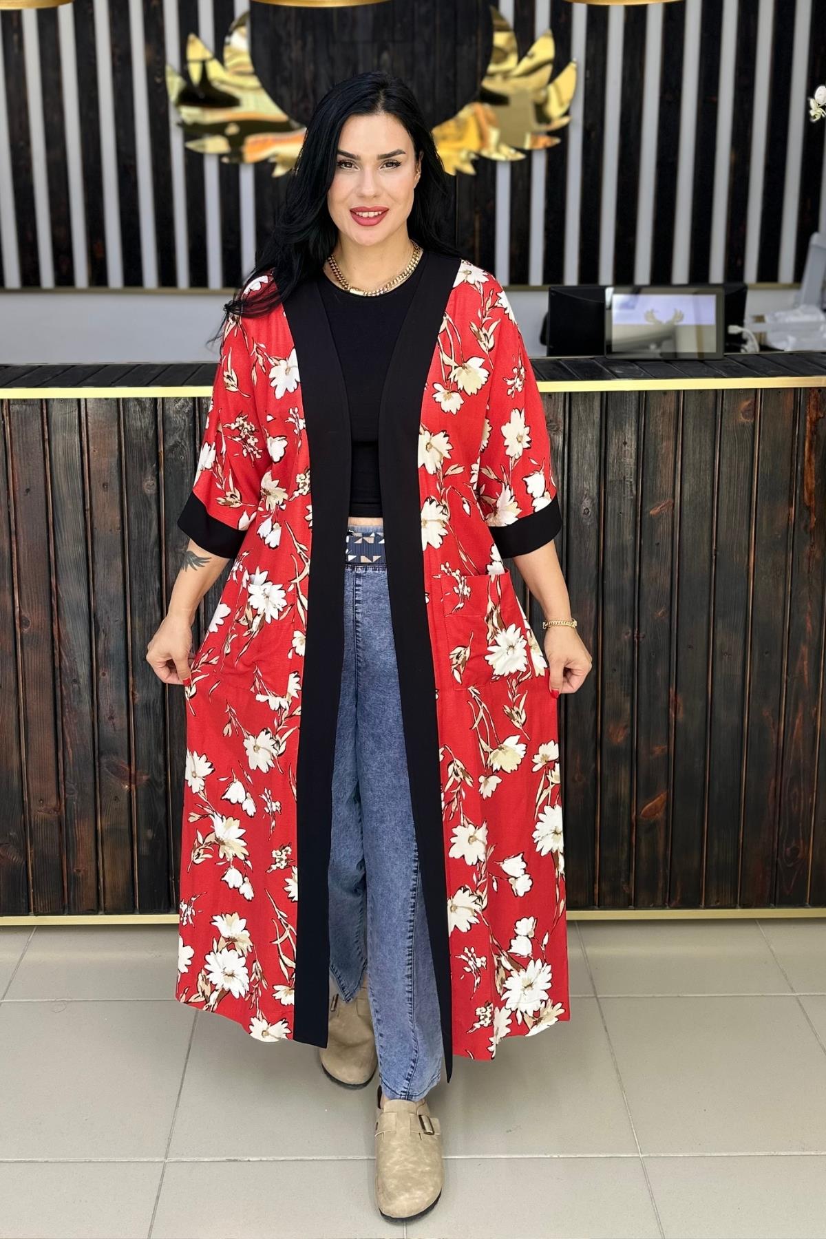 KETEN KAFTAN KIRMIZI BÜYÜK BEDEN