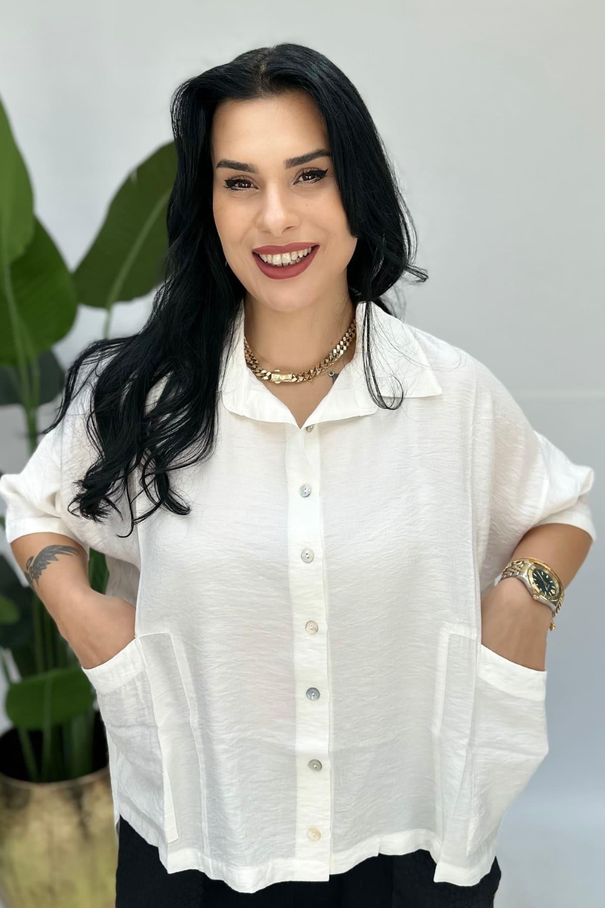 KISA KETEN BLUZ BEYAZ BÜYÜK BEDEN
