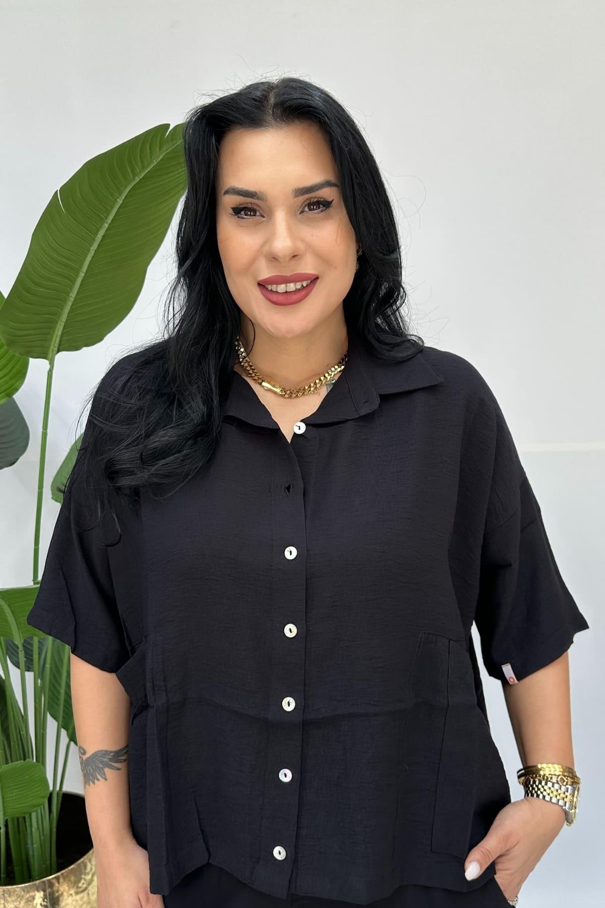 KISA KETEN BLUZ SİYAH BÜYÜK BEDEN
