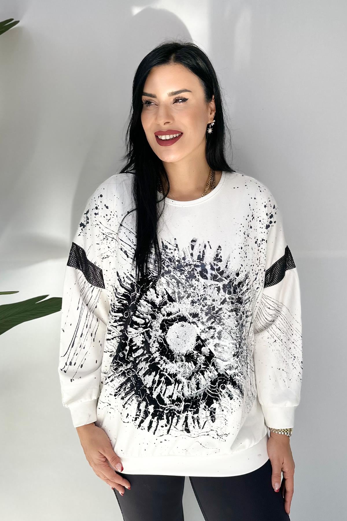 Kol Detaylı Baskılı Büyük Beden Sweatshirt - Beyaz