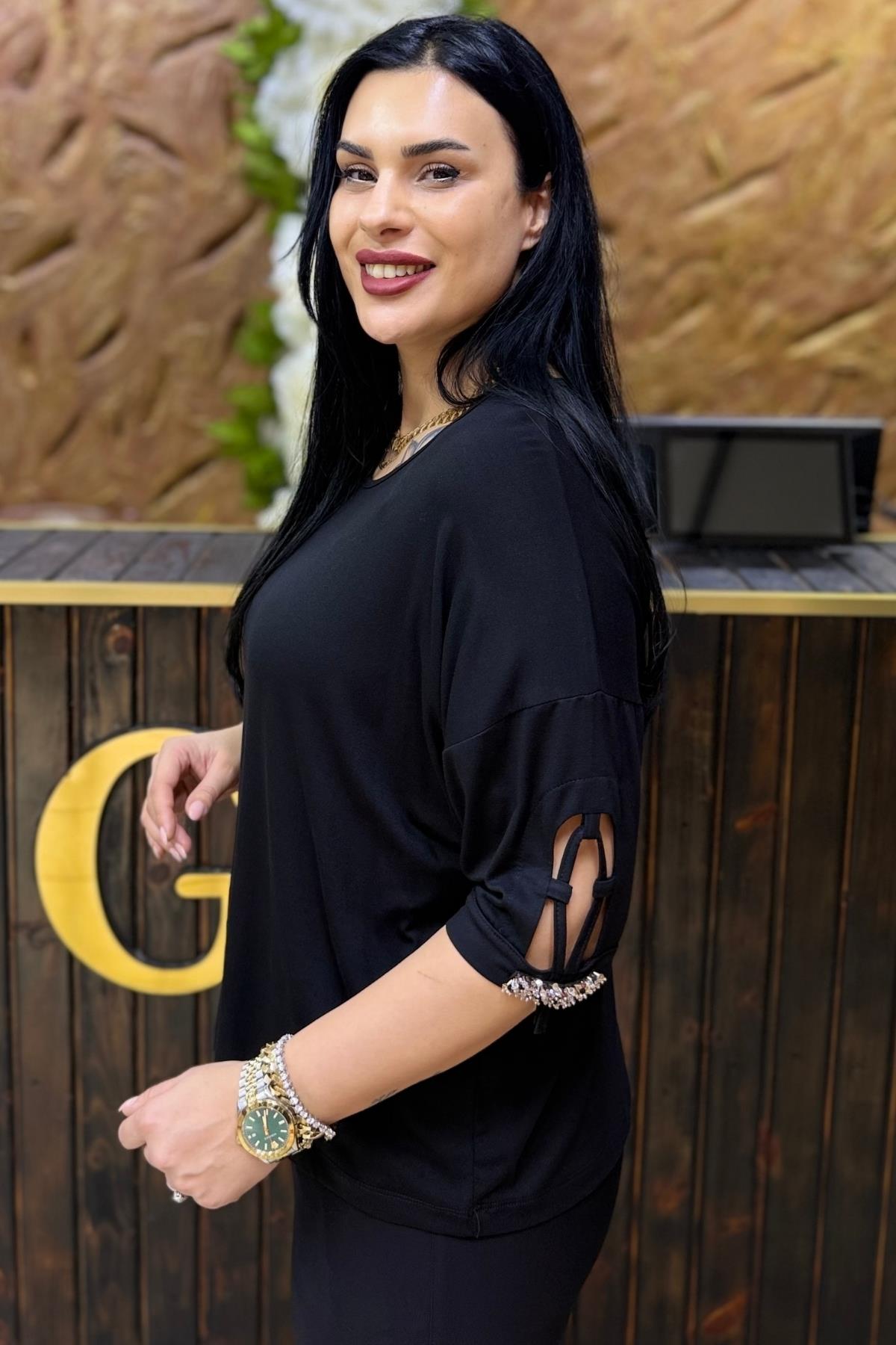 KOLU BONCUK DETAYLI BAMBU BÜYÜK BEDEN BLUZ