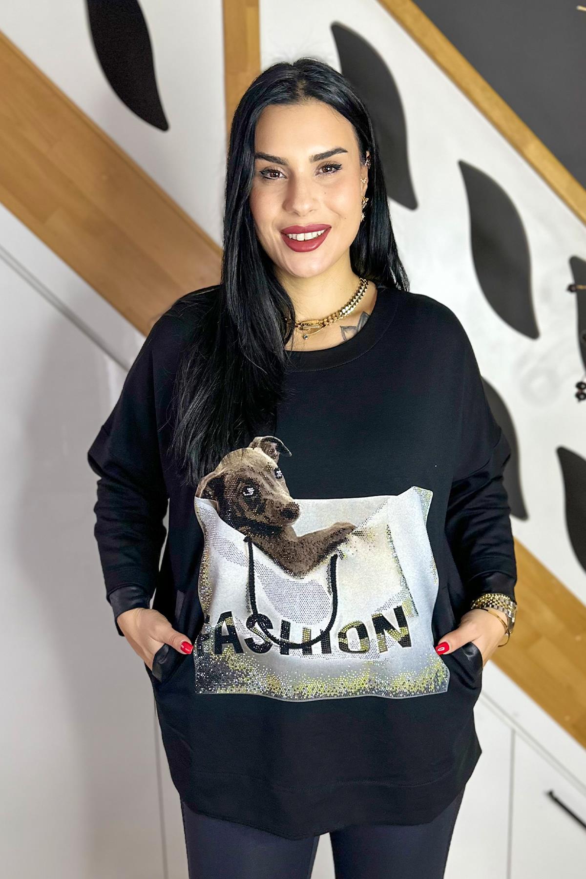 Köpek Baskılı Büyük Beden Sweatshirt - Siyah