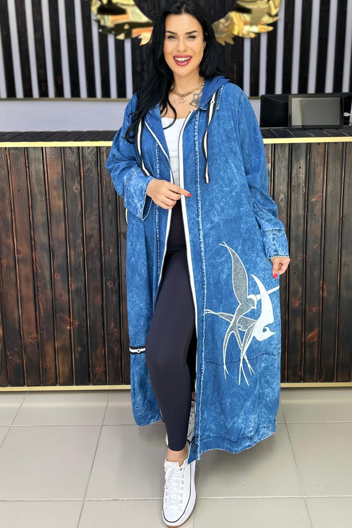 KUŞ BASKILI TAŞLI İNCE JEAN BÜYÜK BEDEN