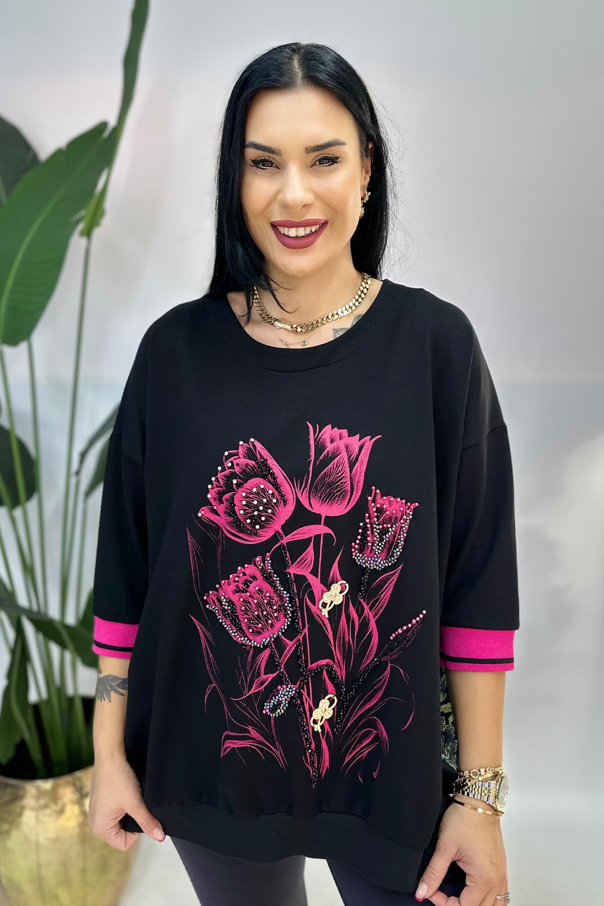 Lale Baskılı Taşlı Büyük Beden Sweat - Pembe