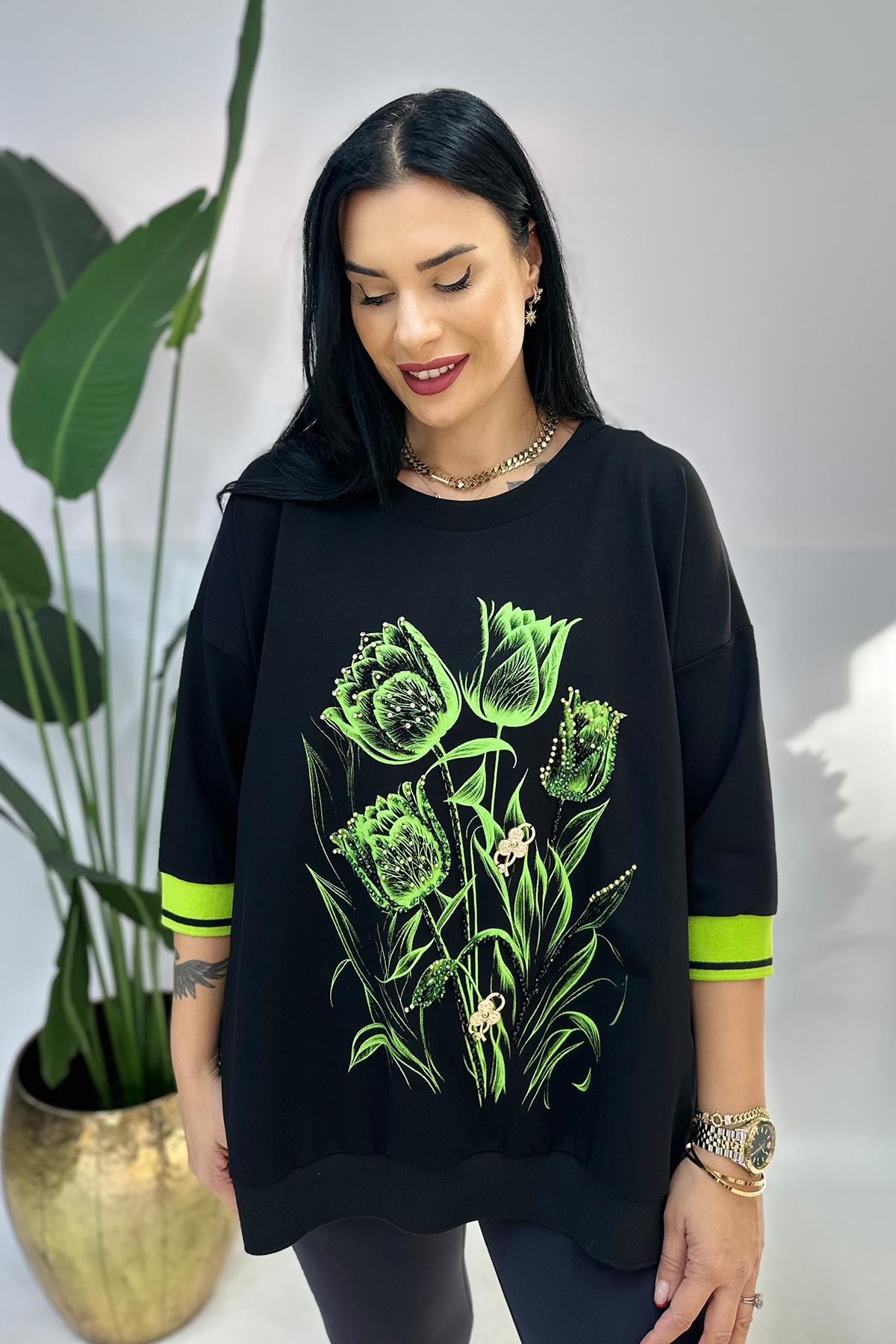 Lale Baskılı Taşlı Büyük Beden Sweat - Yeşil