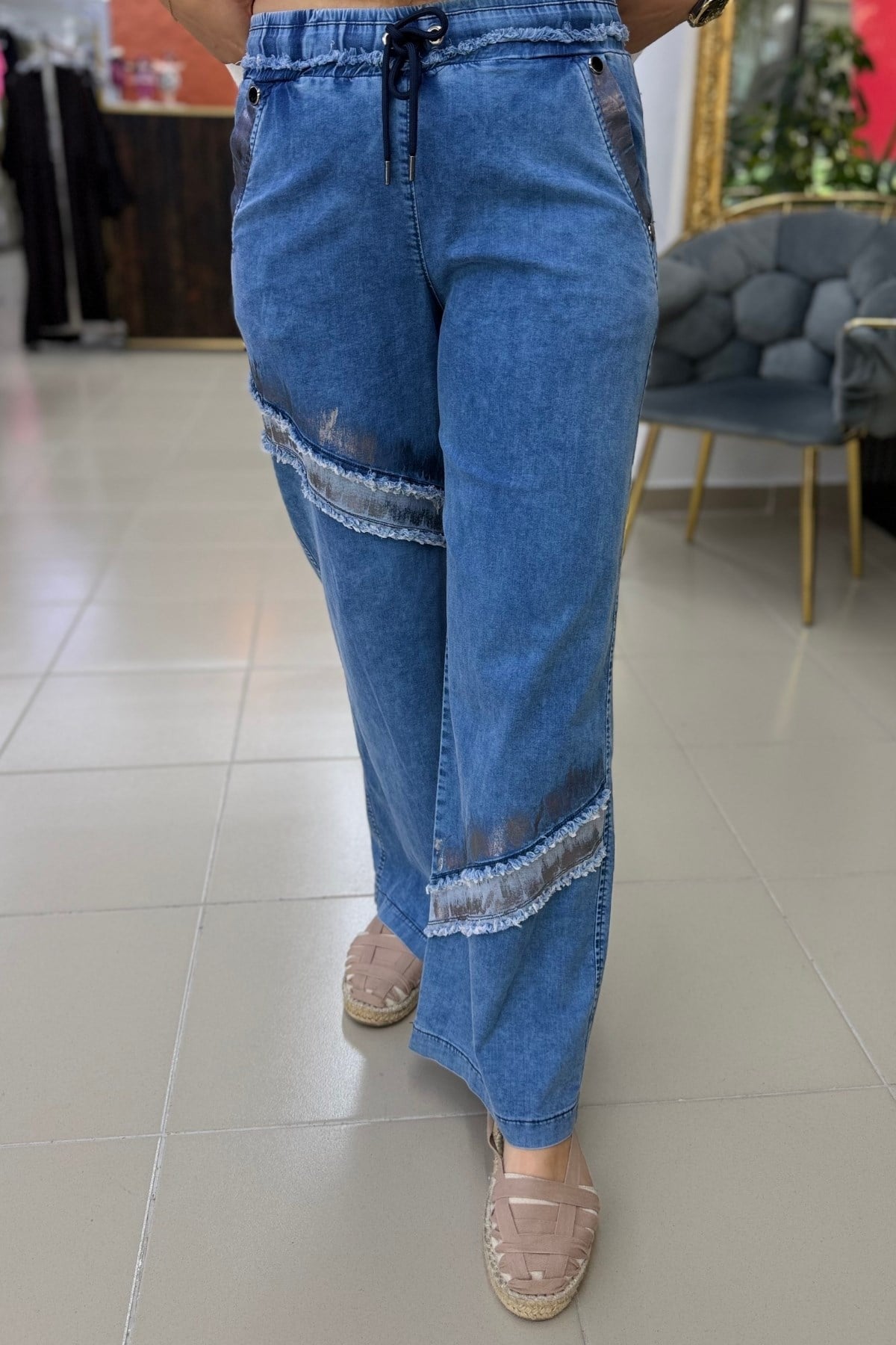 LAME BASKILI TENCEL JEAN BÜYÜK BEDEN PANTOLON