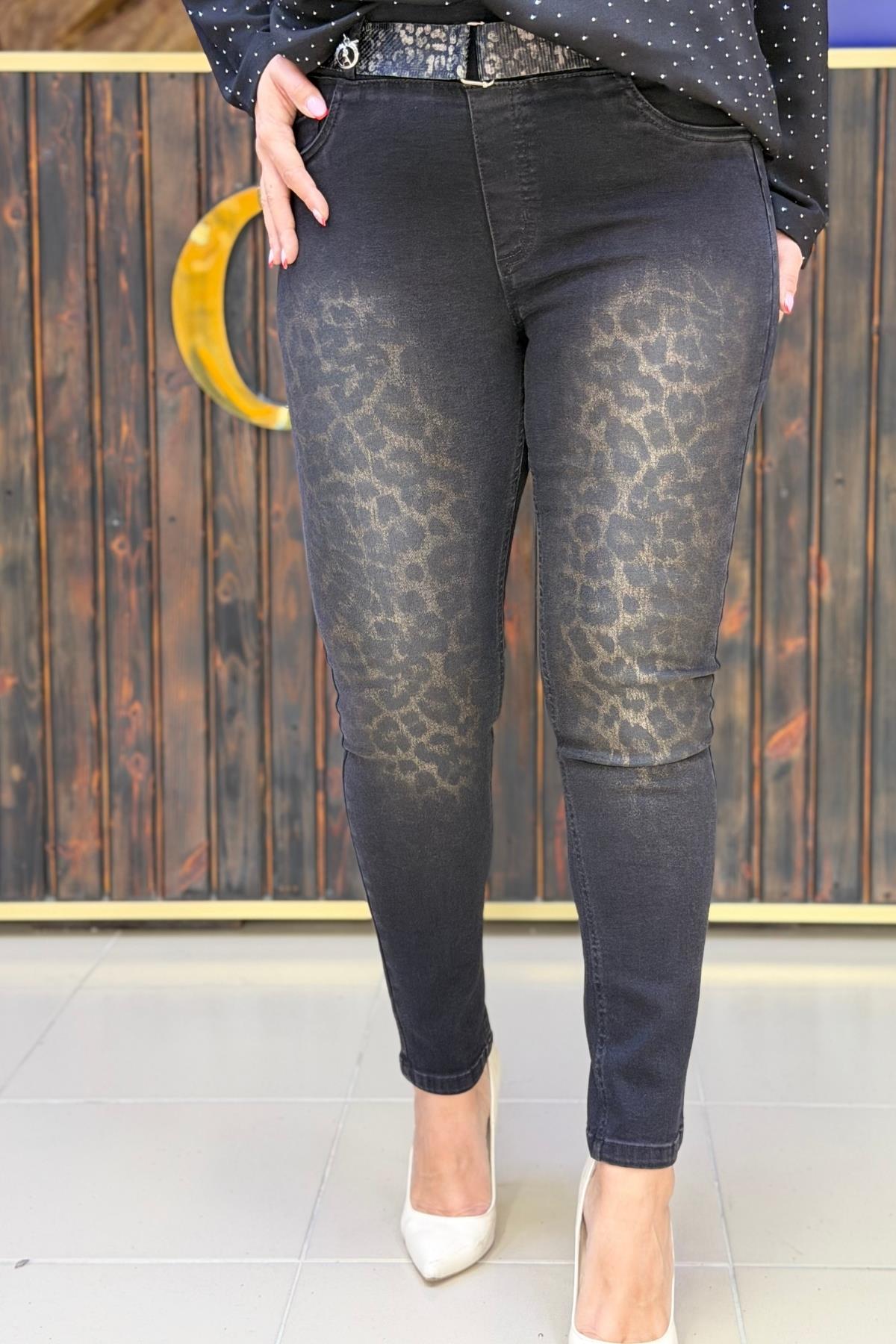 LEOPAR BASKILI JEAN LİKRALI BÜYÜK BEDEN PANTOLON 