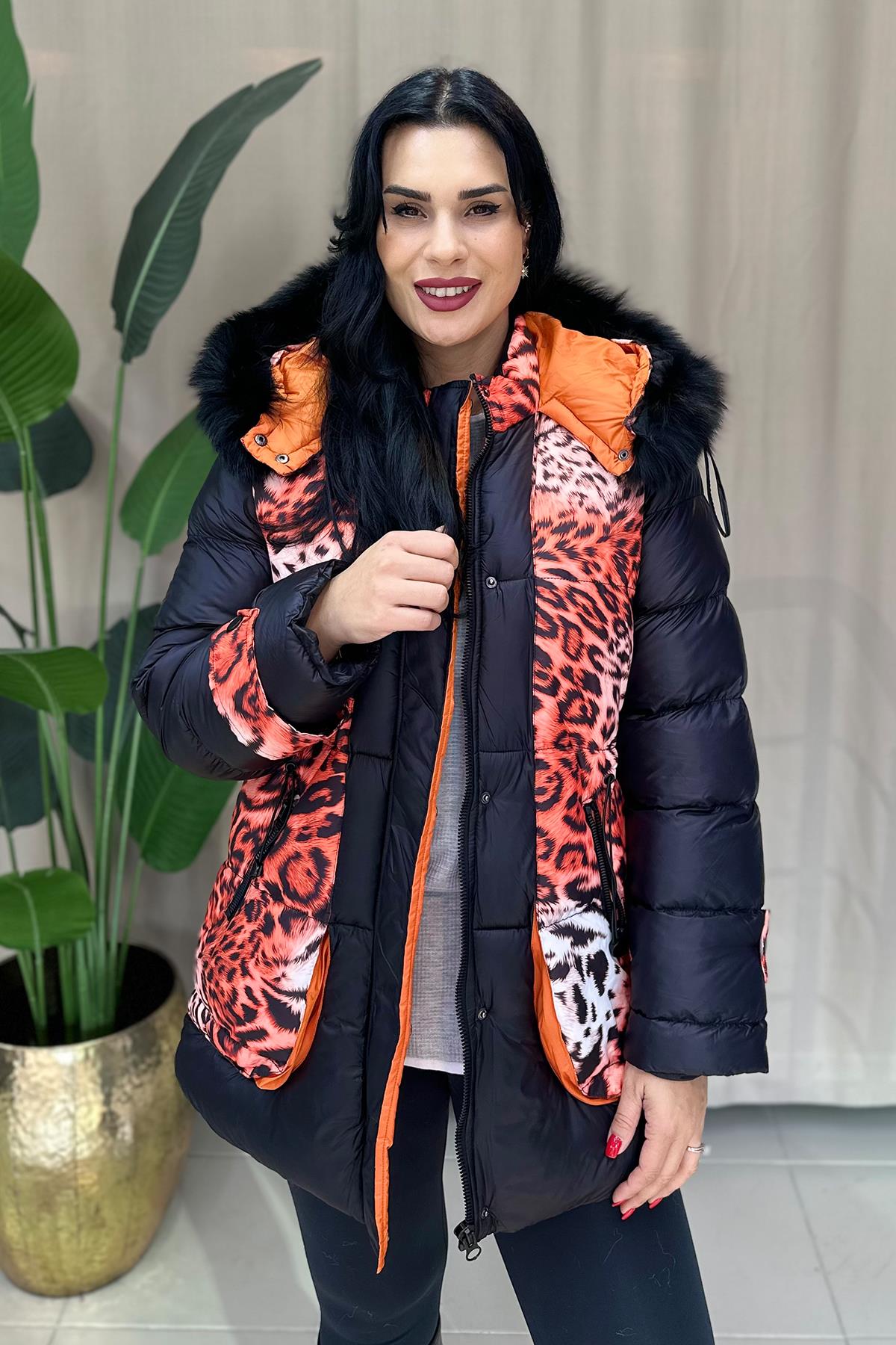 Leopar Desenli Büyük Beden Mont - Turuncu