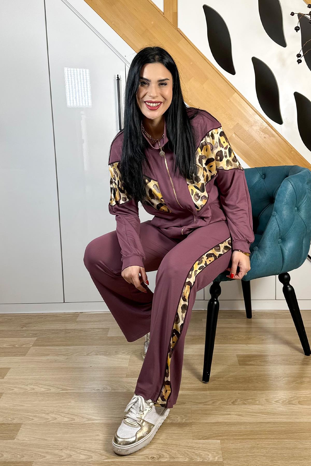 Leopar Detaylı Büyük Beden Takım - Lila