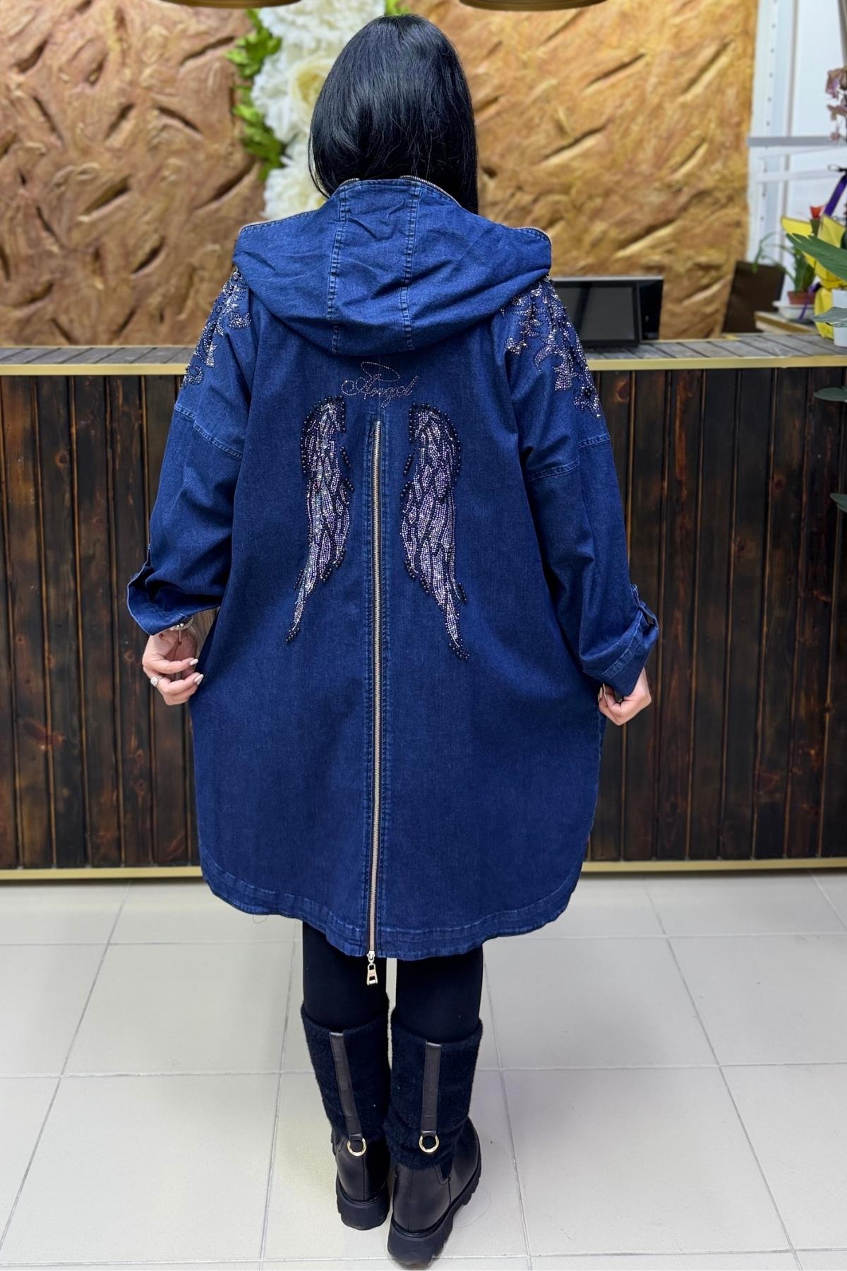 MELEK KANATLI TAŞLI BÜYÜK BEDEN KOT CEKET