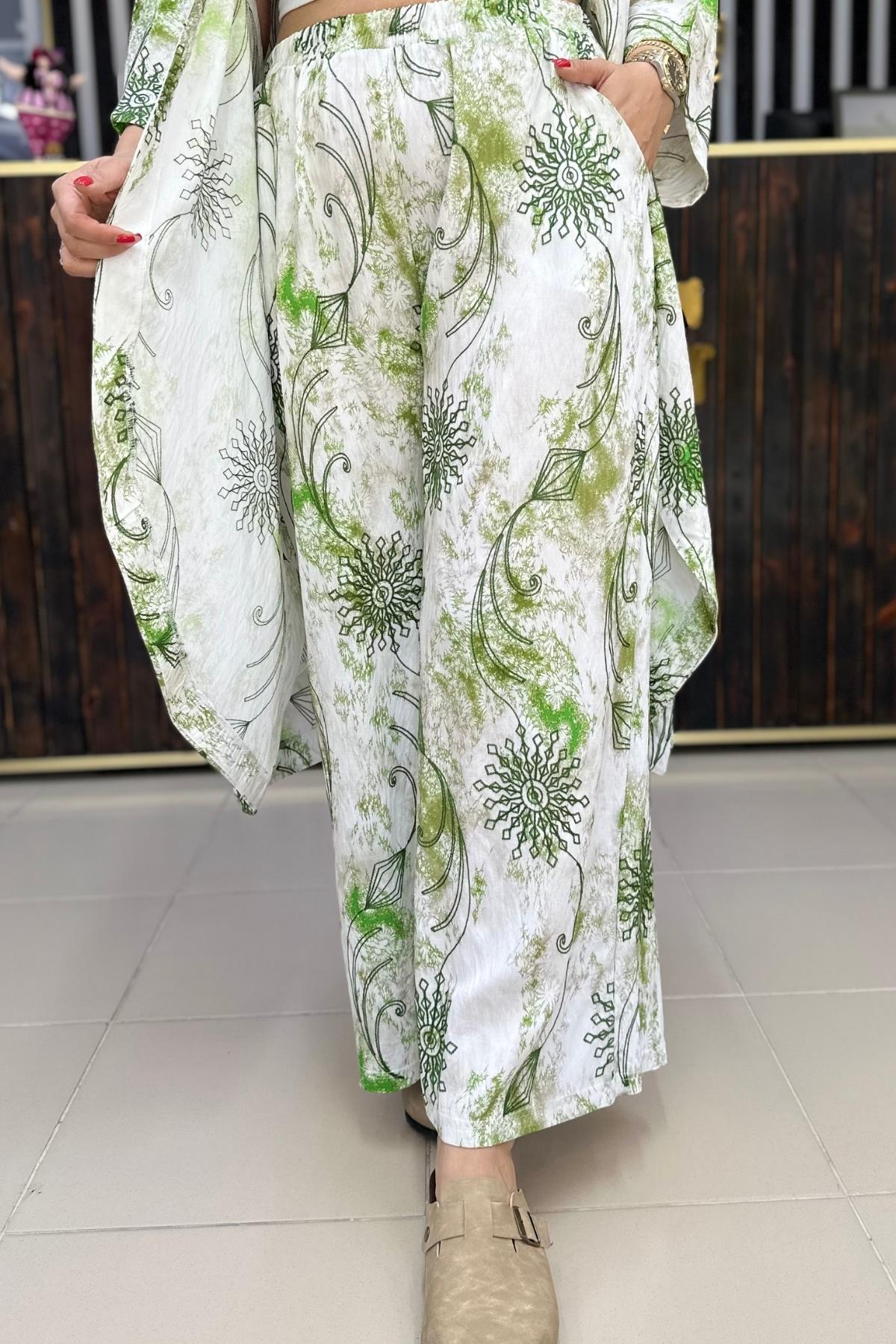 NAKIŞLI ÇİÇEK DESENLİ BÜYÜK BEDEN PANTALON YEŞİL