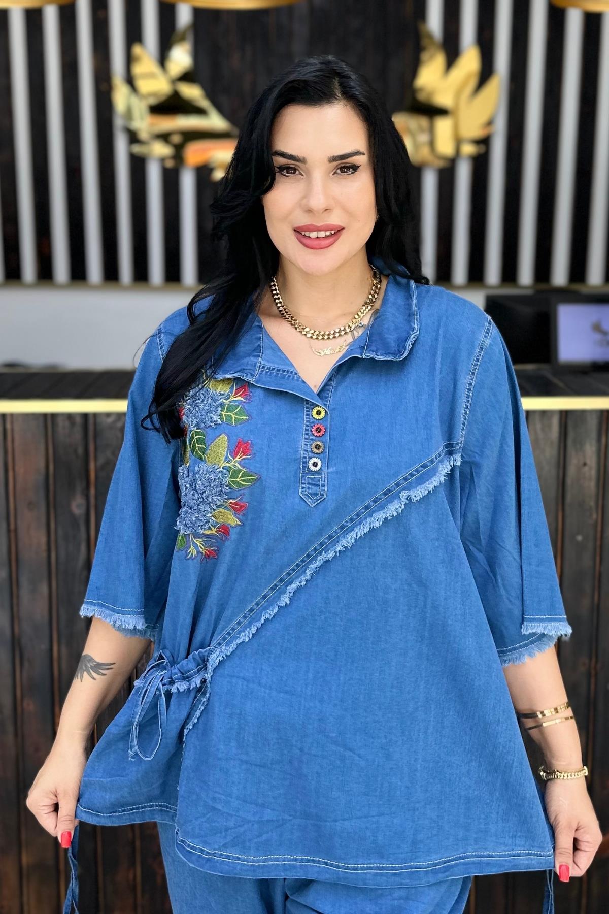 NAKIŞLI İNCE KOT BLUZ  BÜYÜK BEDEN