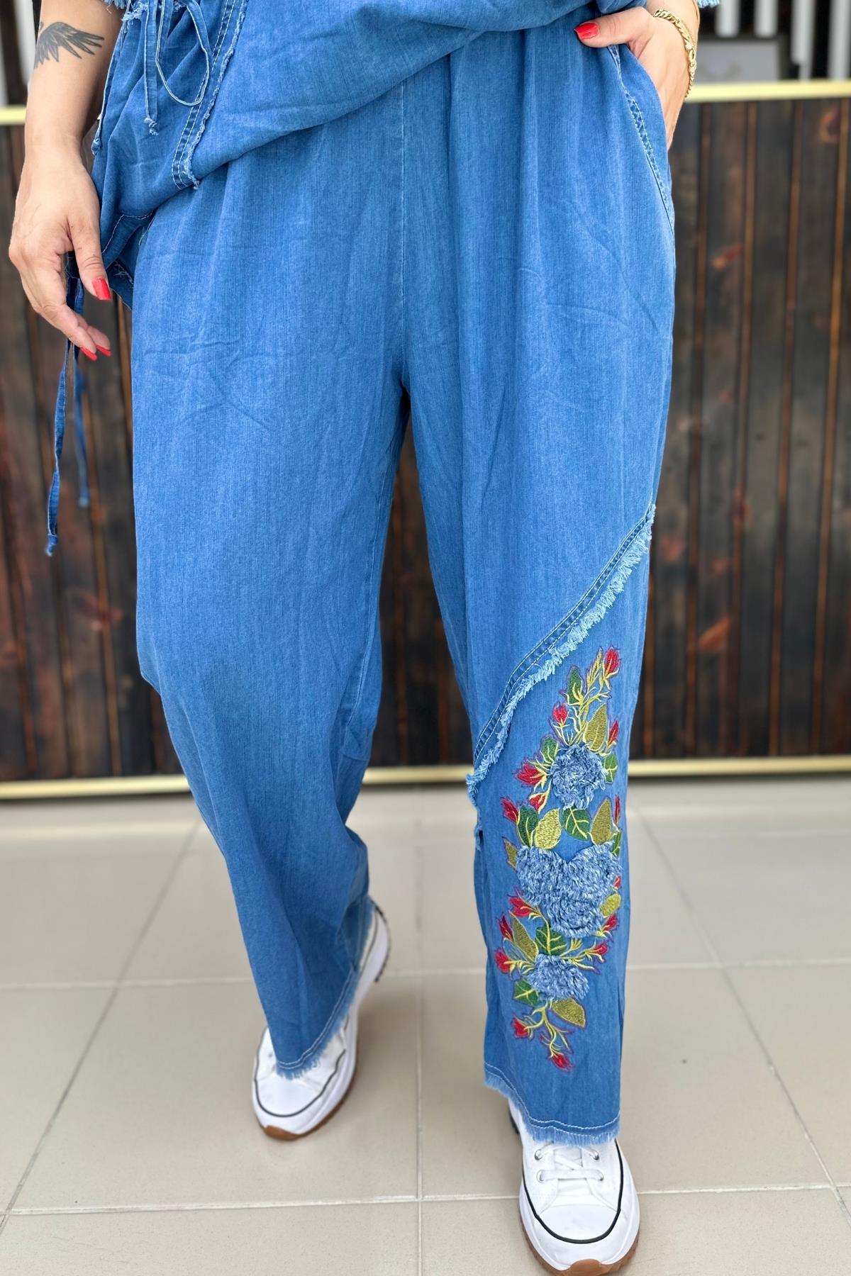 NAKIŞLI İNCE KOT PANTALON  BÜYÜK BEDEN