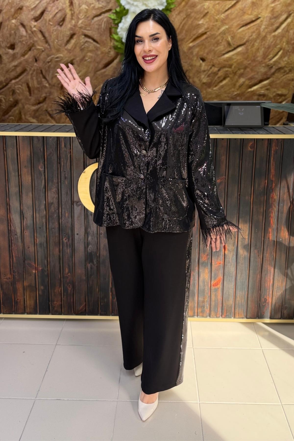 OTRİŞLİ PAYETLİ ÖZEL TASARIM BÜYÜK BEDEN BLAZER TAKIM