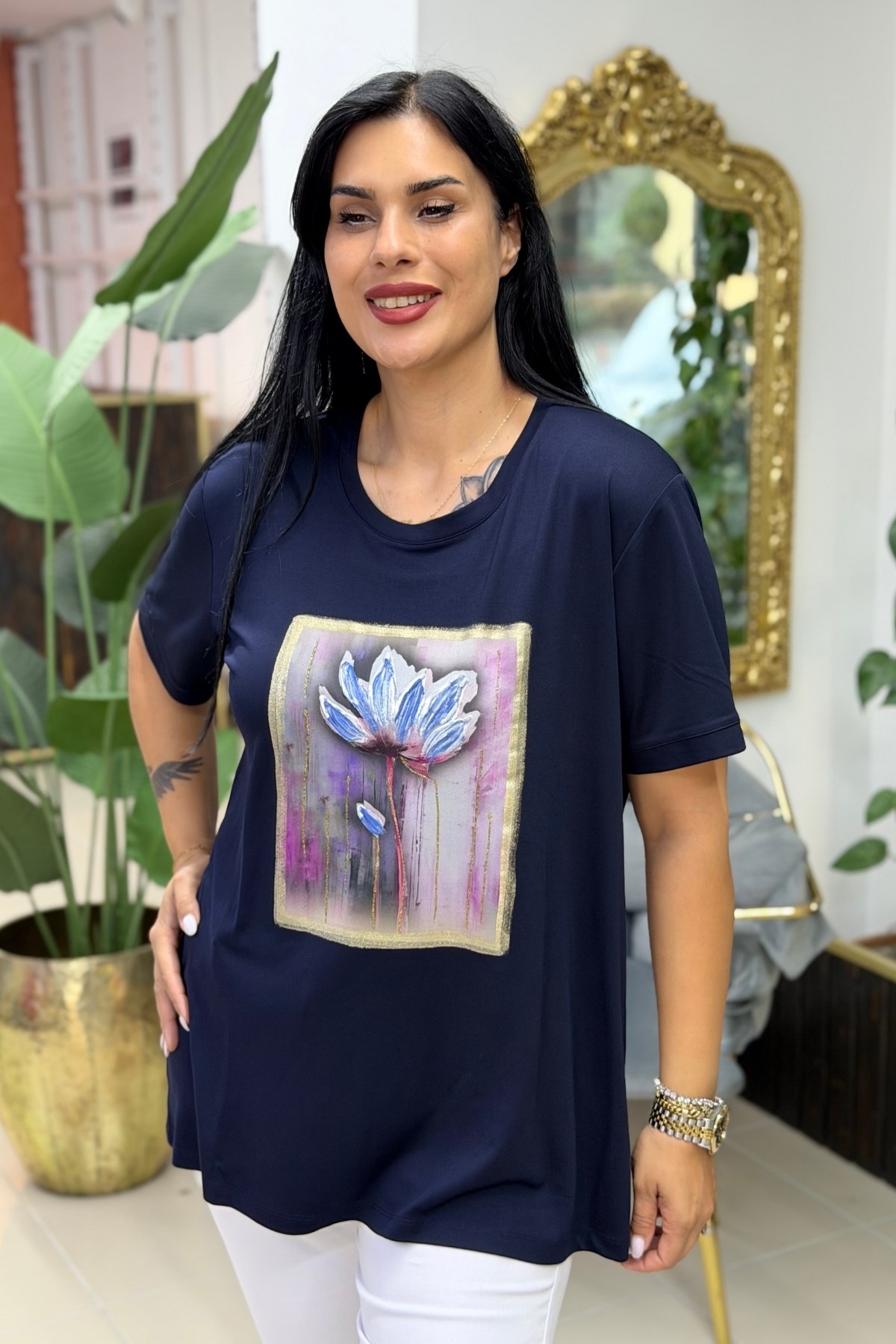 PAMUKLU BİSİKLET YAKA EL YAPIM BLUZ - LACİVERT