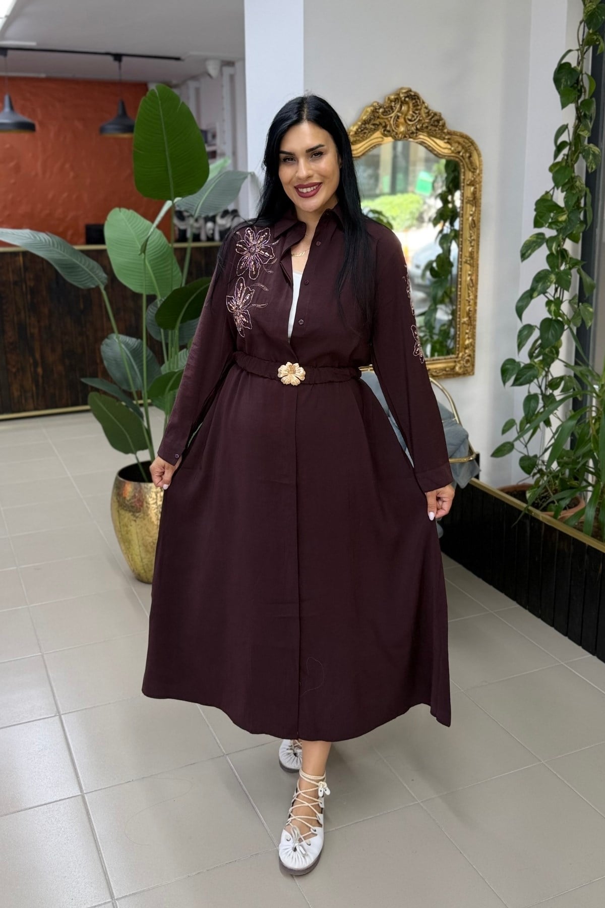 PAYET VE NAKIŞ İŞLİ KEMERLİ GÖMLEK ELBİSE