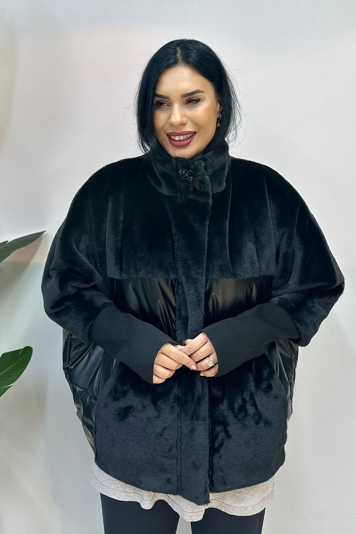 Peluş Detaylı Büyük Beden Mont - Beyaz