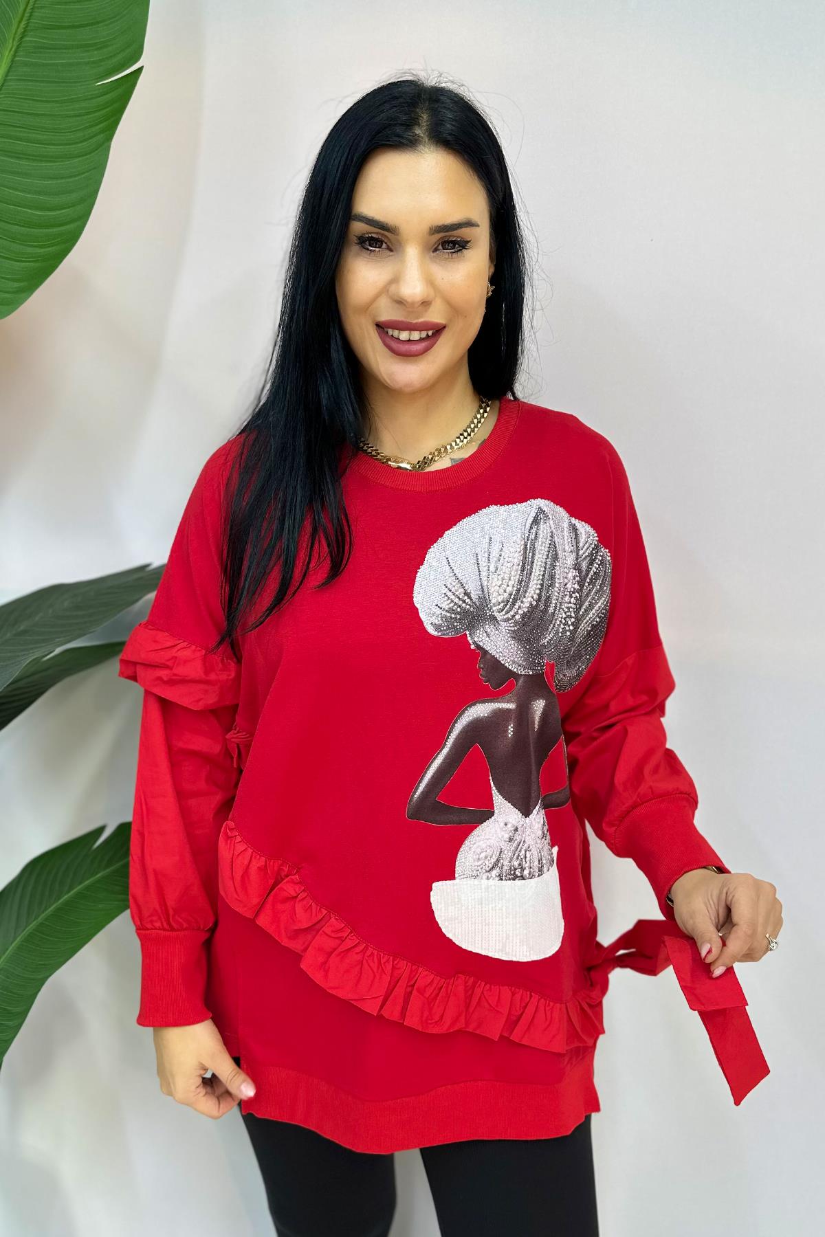 Pullu Baskılı Büyük Beden Sweatshirt - Kırmızı