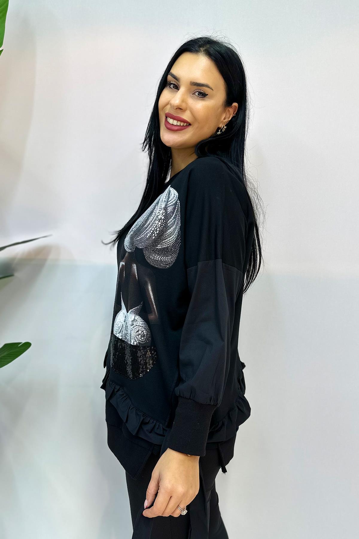 Pullu Baskılı Büyük Beden Sweatshirt -  Siyah