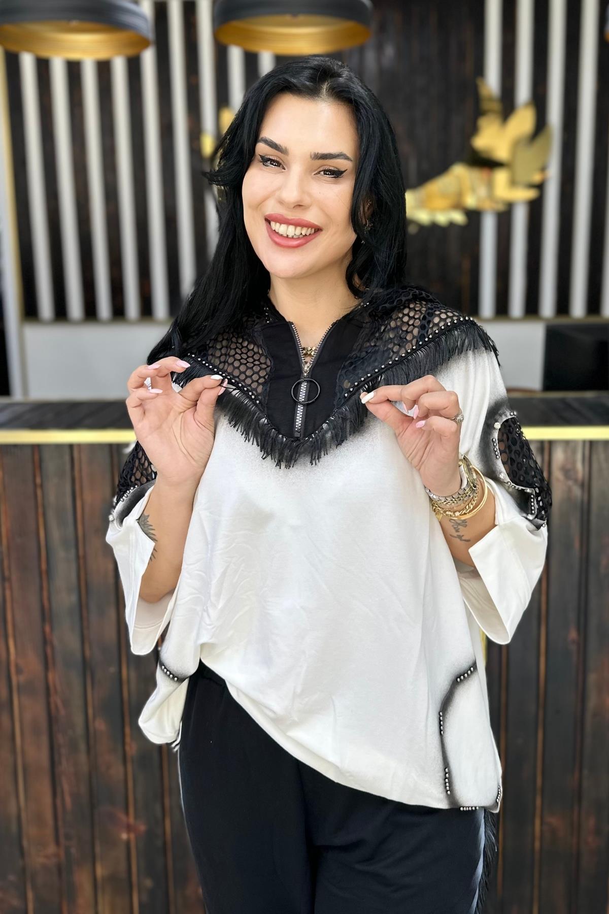 PÜSKÜL FİLE TASARIMLI BLUZ SÜPER BATTAL BÜYÜK BEDEN