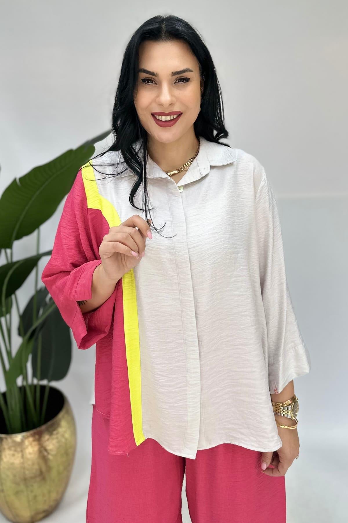 SARI ŞERİTLİ KETEN GÖMLEK BLUZ BÜYÜK BEDEN