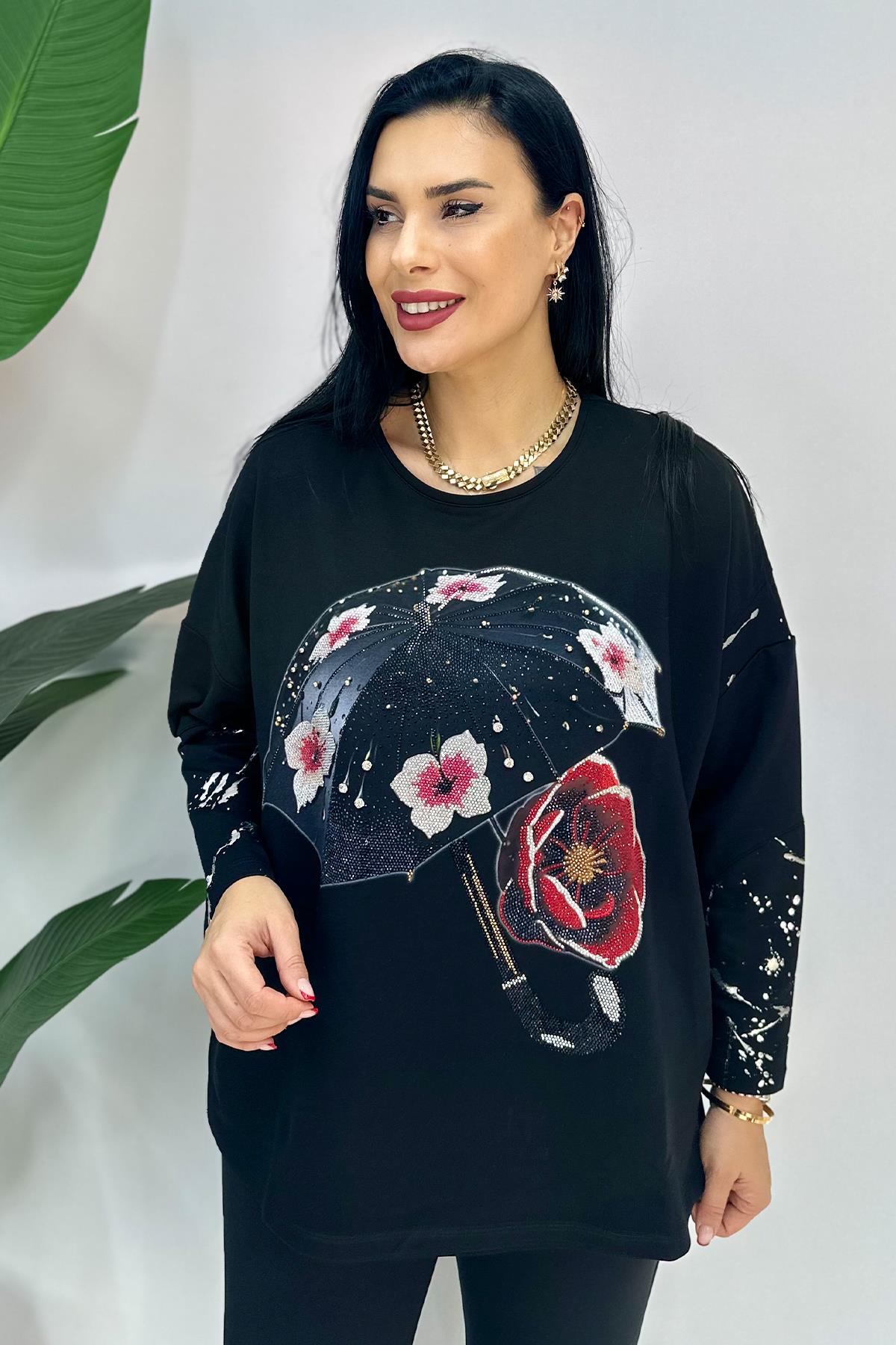 Şemsiye Baskılı Büyük Beden Sweat - Siyah